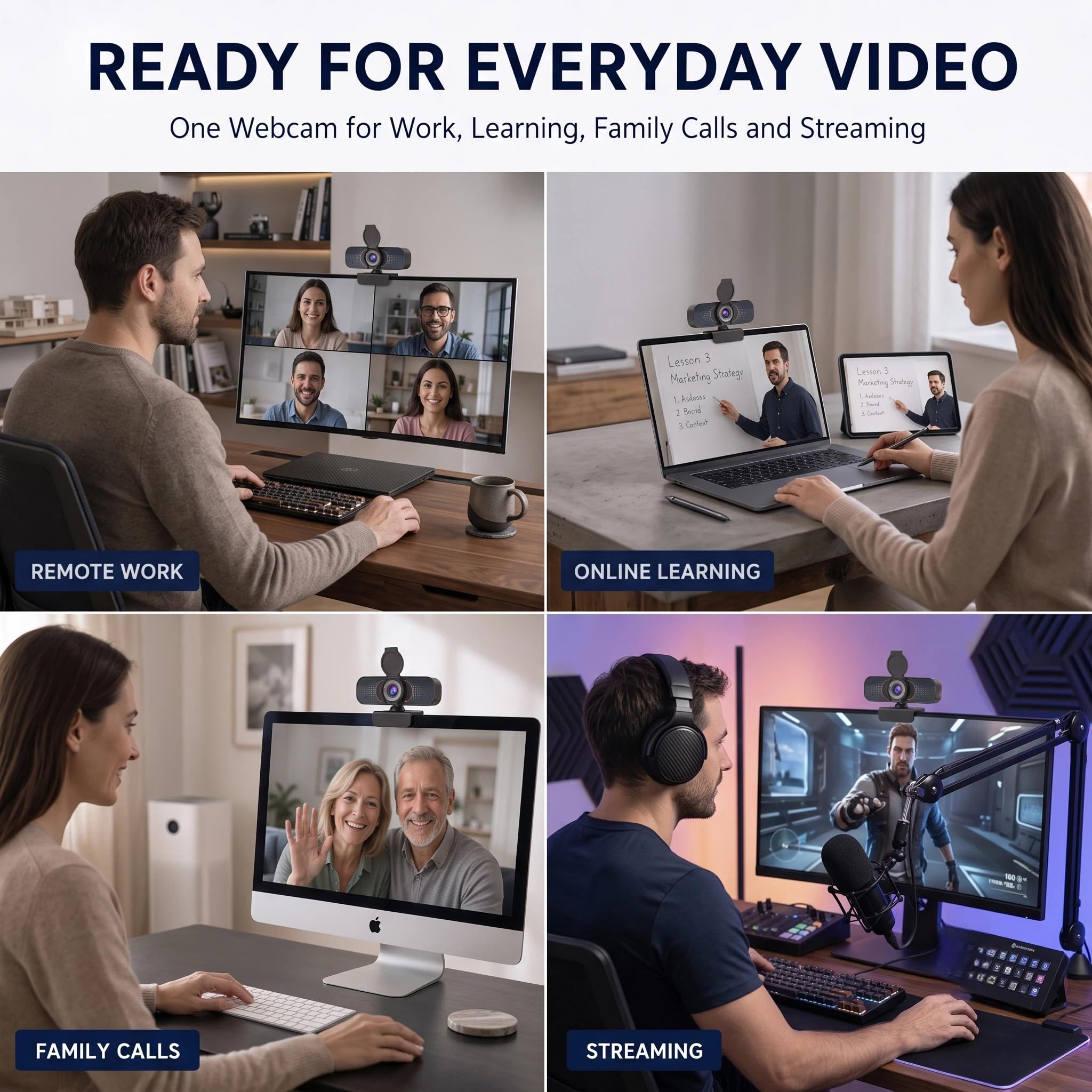 Webcam HD 1080P con treppiede girevole, microfono integrato, copertura per la privacy, fotocamera grandangolare, correzione automatica della luce, USB Plug & Play, per laptop, desktop, PC