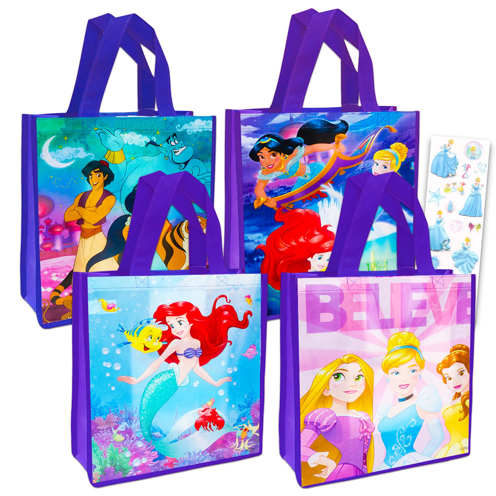 Disney Princess Tote Bag Set for Kids, Adults ~ 5 Pc Bundle with 4 Reusable Grocery Bags, Disney Princess Stickers, and More | Princess Party Supplies and Favors