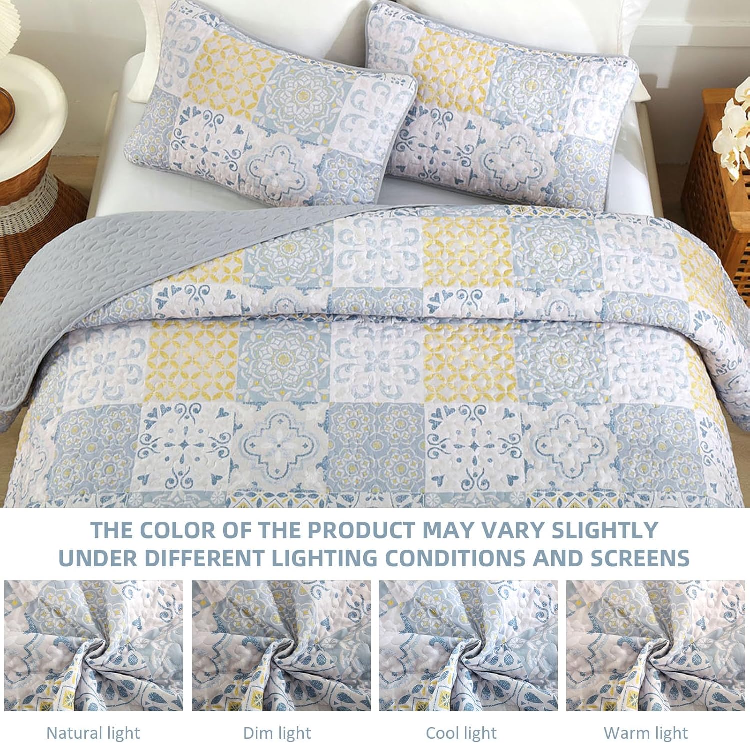 Dobuyly Queen Quilt Set 3 Pieces, Blue/Yellow/Grey Patchwork Bedspreads, Boho Summer Coverlet Set, Soft Lightweight Microfiber Bedding Set for All Seasons 96"x90" - Image 6