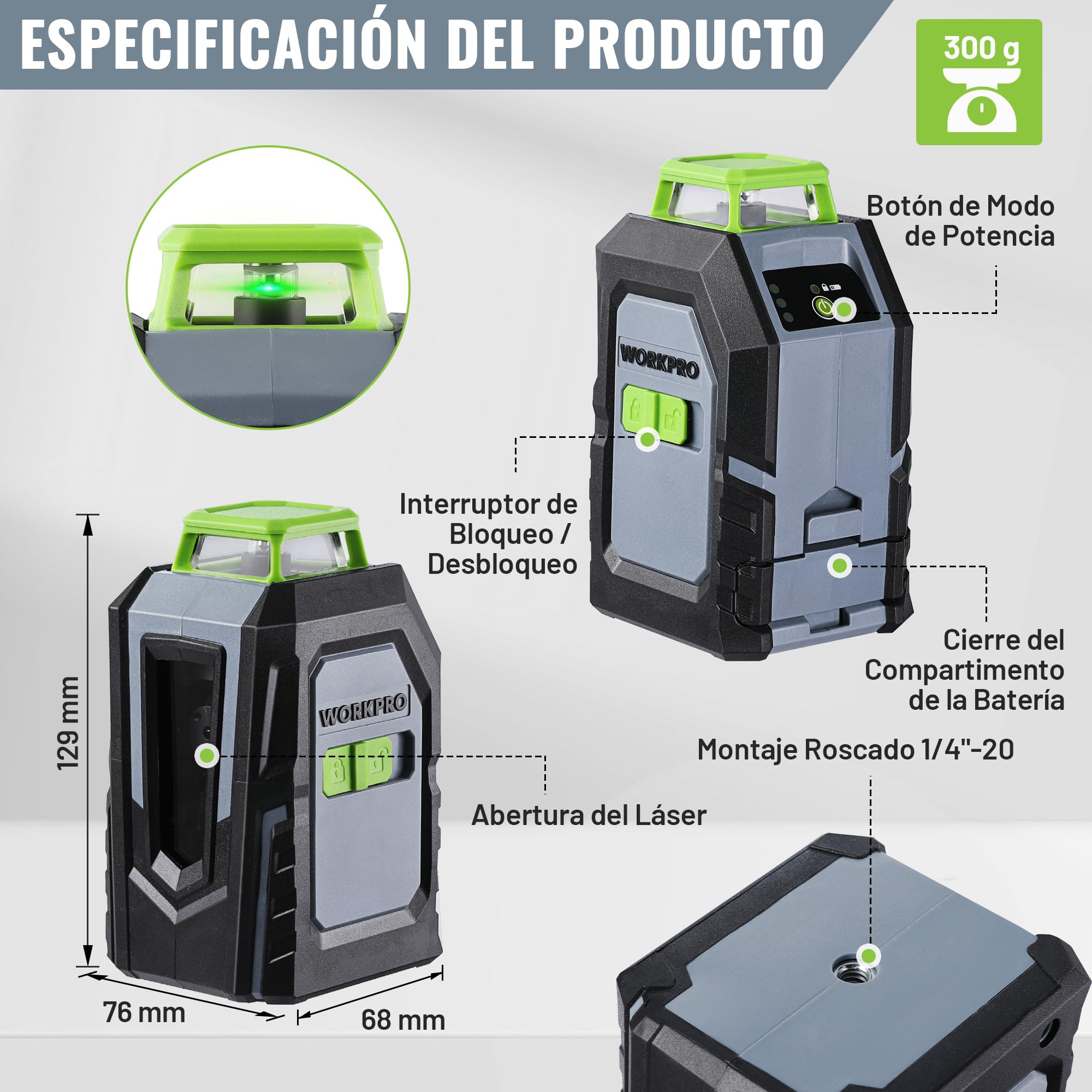 WORKPRO Nivel Láser 360° con Trípode, 30m, Láser Verde | Línea Horizontal, Vertical y Cruzada con 3 Modos, Soporte Magnético, Trípode Ajustable y Bolsa de Transporte