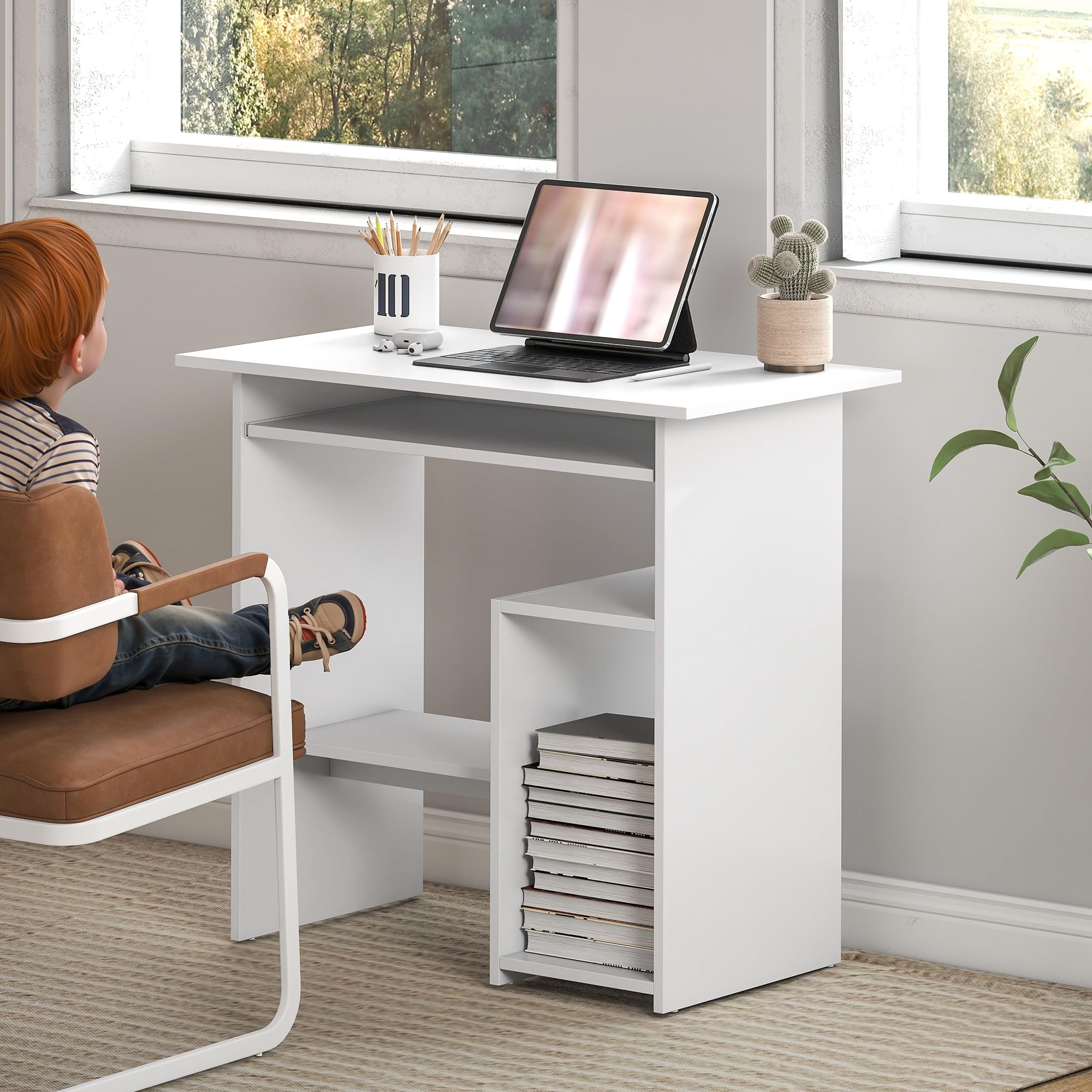 HOMCOM Schreibtisch mit Tastaturablage für Home Office 80 x 45 cm Weiß | Computertisch, Bürotisch, Offenen Fächern und Ablageflächen, Spanplatte, Schlafzimmer