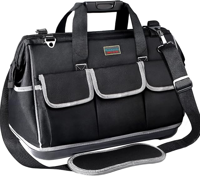 Tool Bag, Ryweavou 20 Inch Large Tool Bag With Wide Mouth and Waterproof Strong Molded Base, Heavy Duty Tool Bag Organizer with Adjustable Shoulder Strap Specially Designed for Various Tools