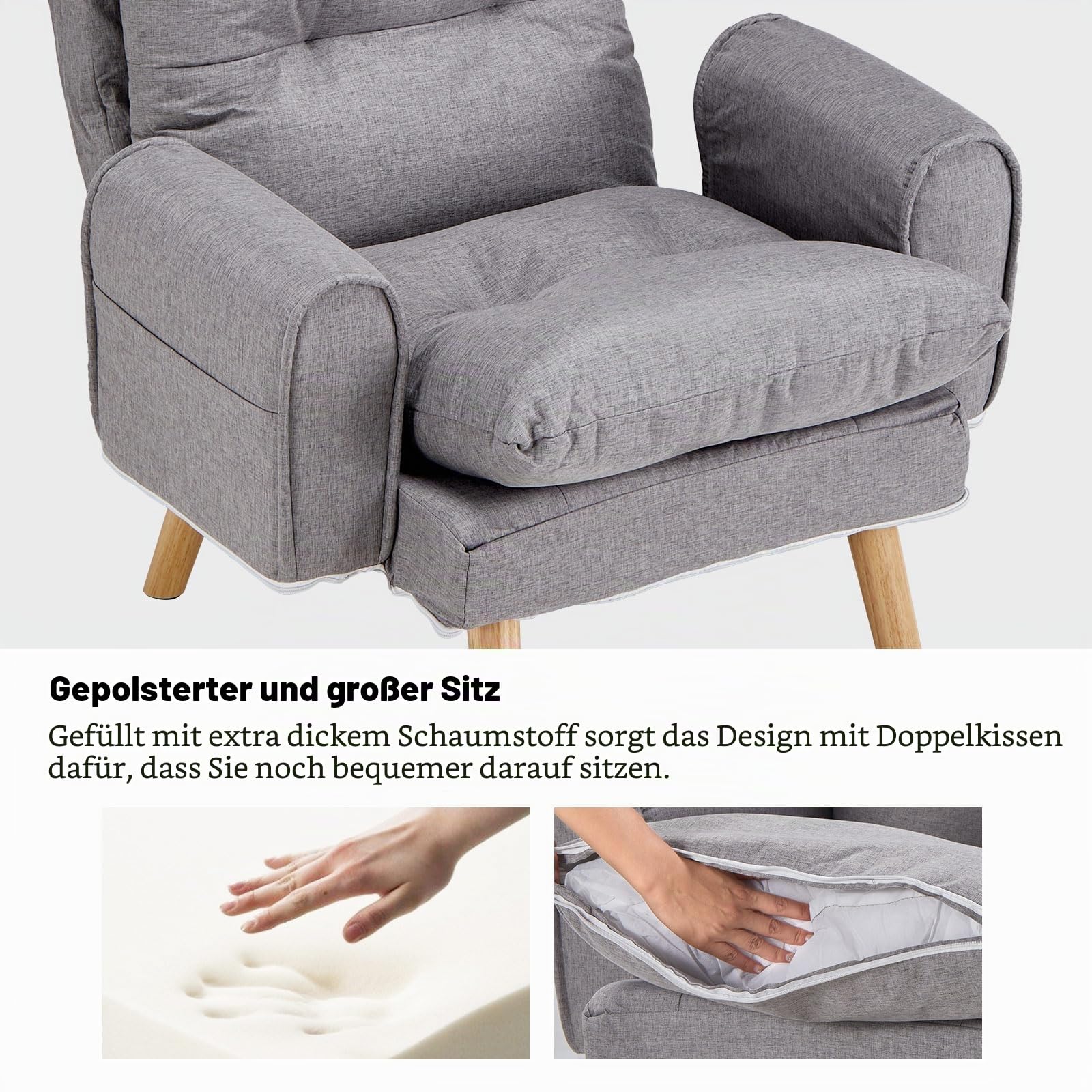 CLIPOP Relaxsessel mit Hocker Verstellbarer Lesesessel Leinen mit 6 Positionen Extra Dick Gepolsterter Lehnstühle Liegesessel Fernsehsessel Ohrensessel mit Liegefunktion (Grau)