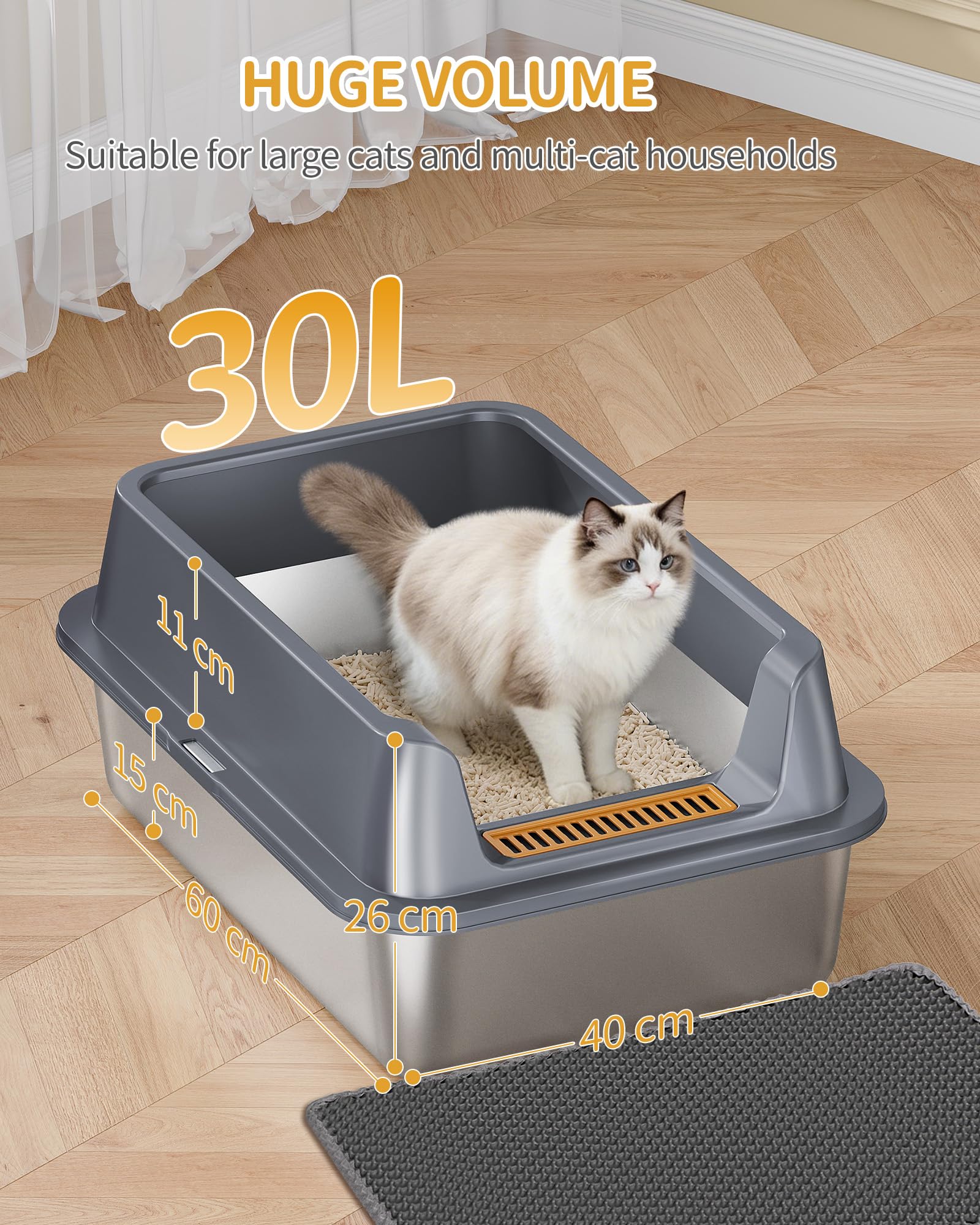 Hzuaneri Lettiera in Acciaio Inox XXL, Lettiera per Gatti Grandi da 30L 60x40x26 cm, Cassetta Igienica con Bordi Alti Semichiusa, Antiaderente, con Paletta e Tappetino, Grigio Scuro ELB89799G
