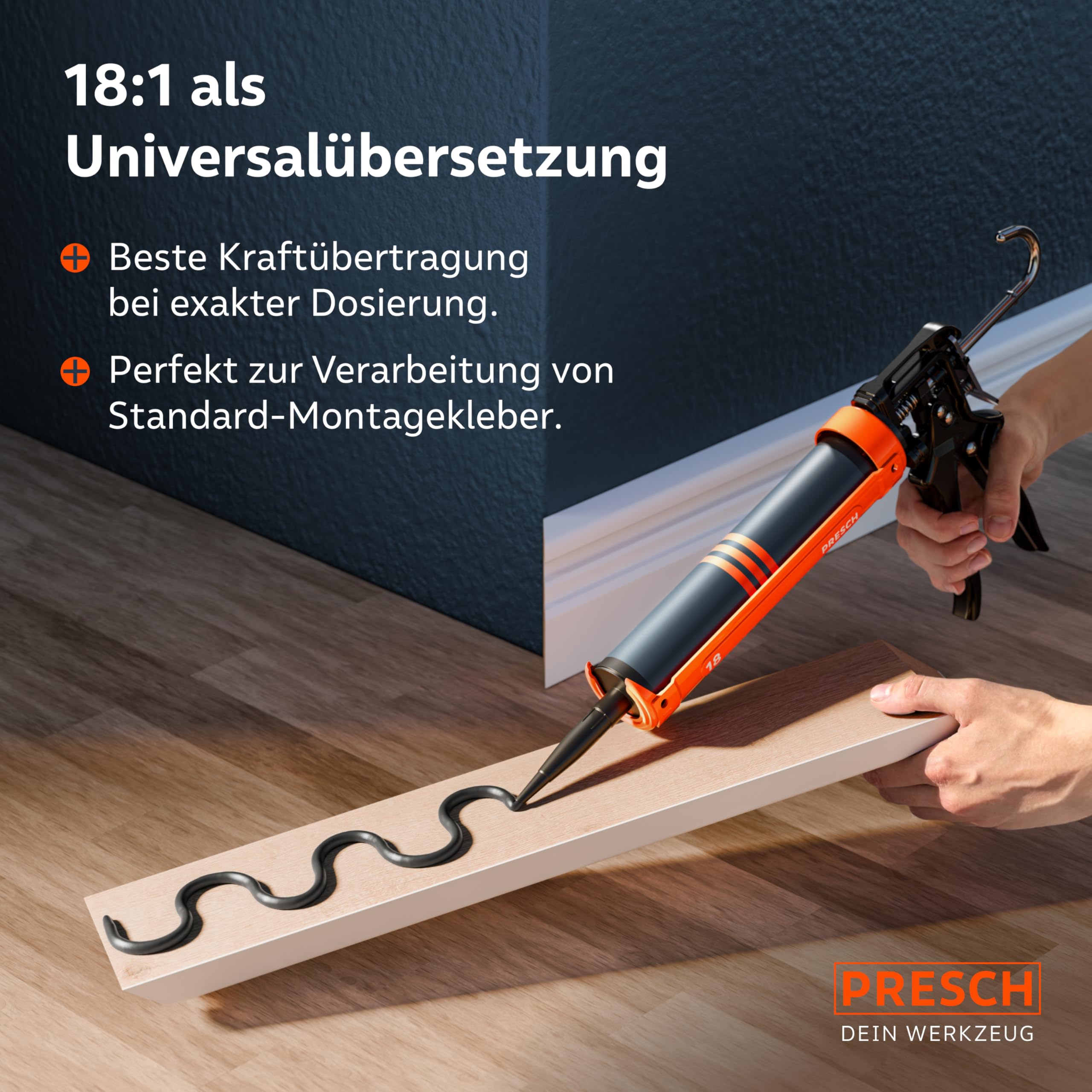 Presch Kartuschenpresse 18:1 Übersetzung & Nachlaufstopp - Silikonspritze für Kartuschen bis 310ml (Mittlere Viskosität, Montagekleber) - Kartuschenpistole 360° drehbar inkl. Einstechwerkzeug