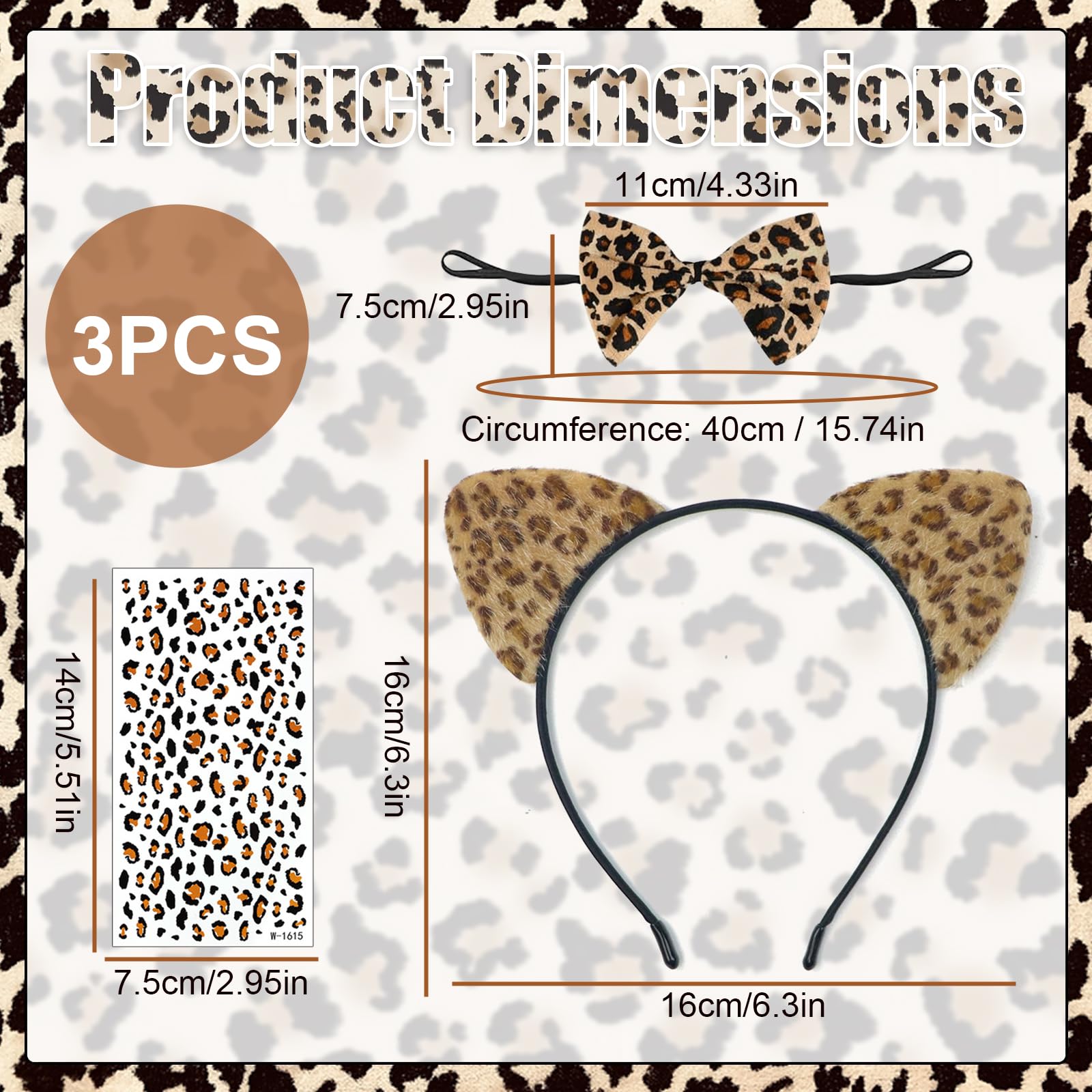 3-Piece Leopard Costume Set for Adults - Animal Headband, Fake Tattoo & Bow Tie - Accessories for Carnival Cosplay & Halloween Party - Image 2