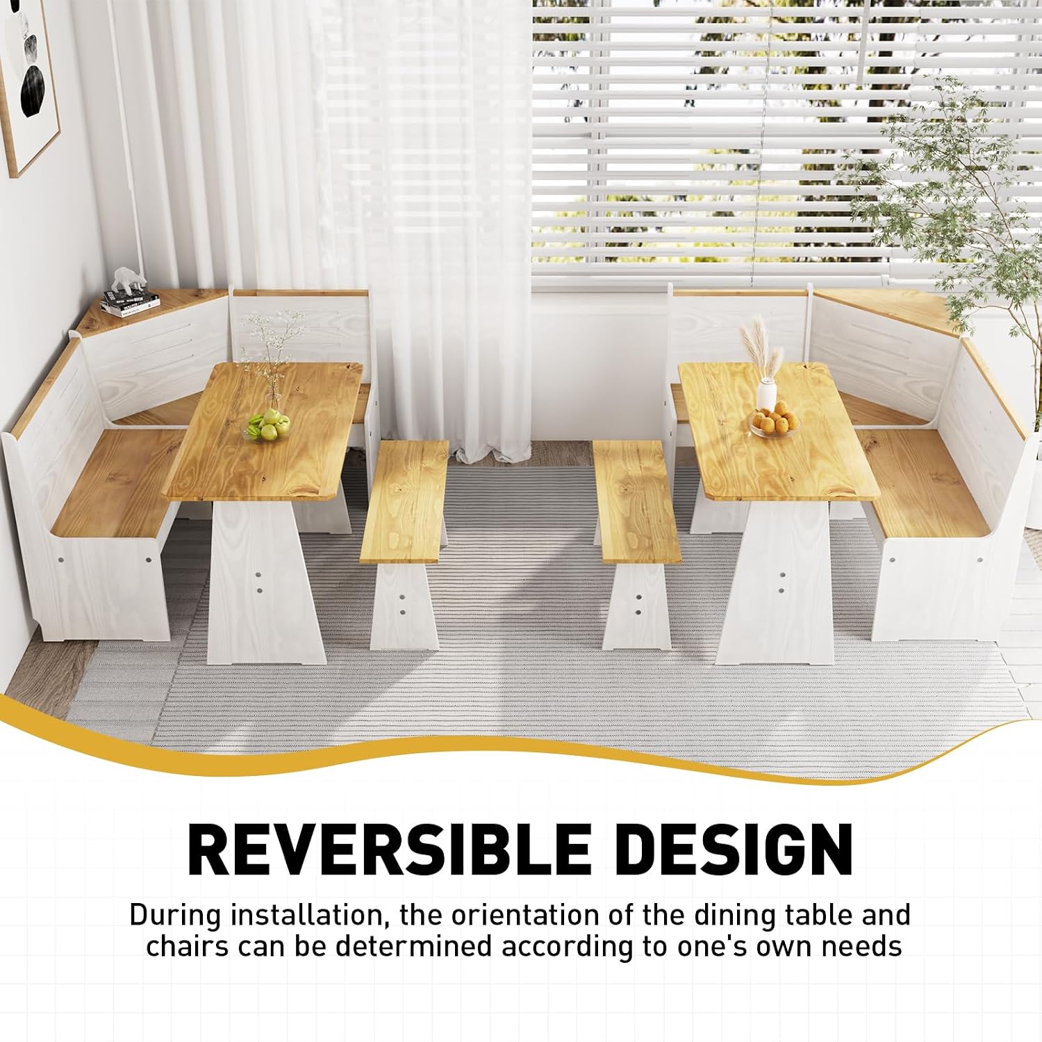 Kitchen Breakfast Nook Table Set - Solid Wood Corner Bench Dining Set for 4-6 People, L Shaped Bench for Dinner Room, Space Saving Kitchen Booth Seating with Table for Small Space, Ivory