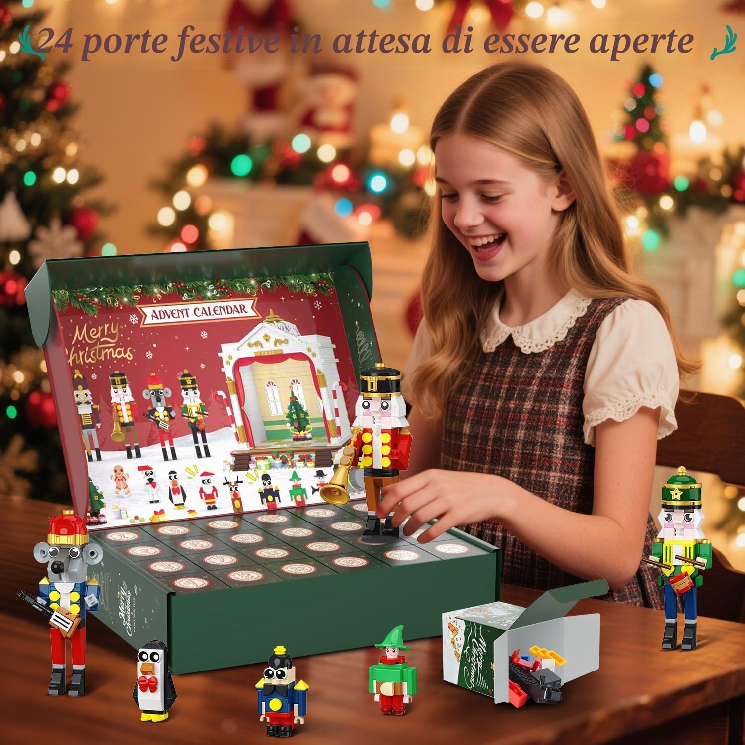 HOGOKIDS Calendario dell’Avvento 2025 Teatro di Natale con Luci, 24 Giorni di Conto alla Rovescia, Blocchi Mini 3,6 cm con 4 Figurine da Natale & 8 Minifigure, Regalo per Adulti Ragazzi Ragazze 10+