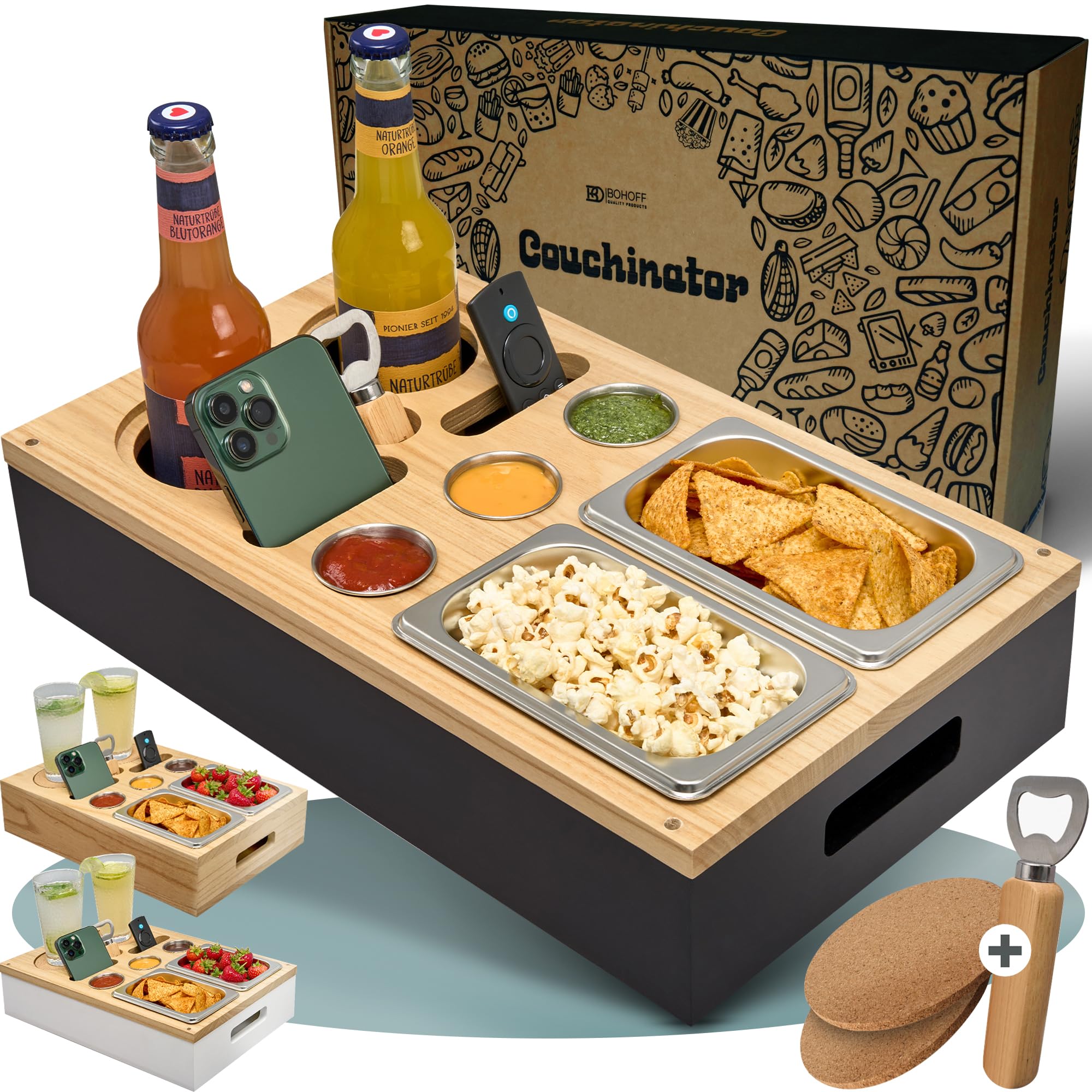 Bar à canapé de qualité supérieure - Bois de kiri - 3 couleurs - 3 bols à sauce, 2 bols à collation, 2 soucoupes, 1 décapsuleur, boîte à goûter, porte-bouteilles, plateau de service (noir)
