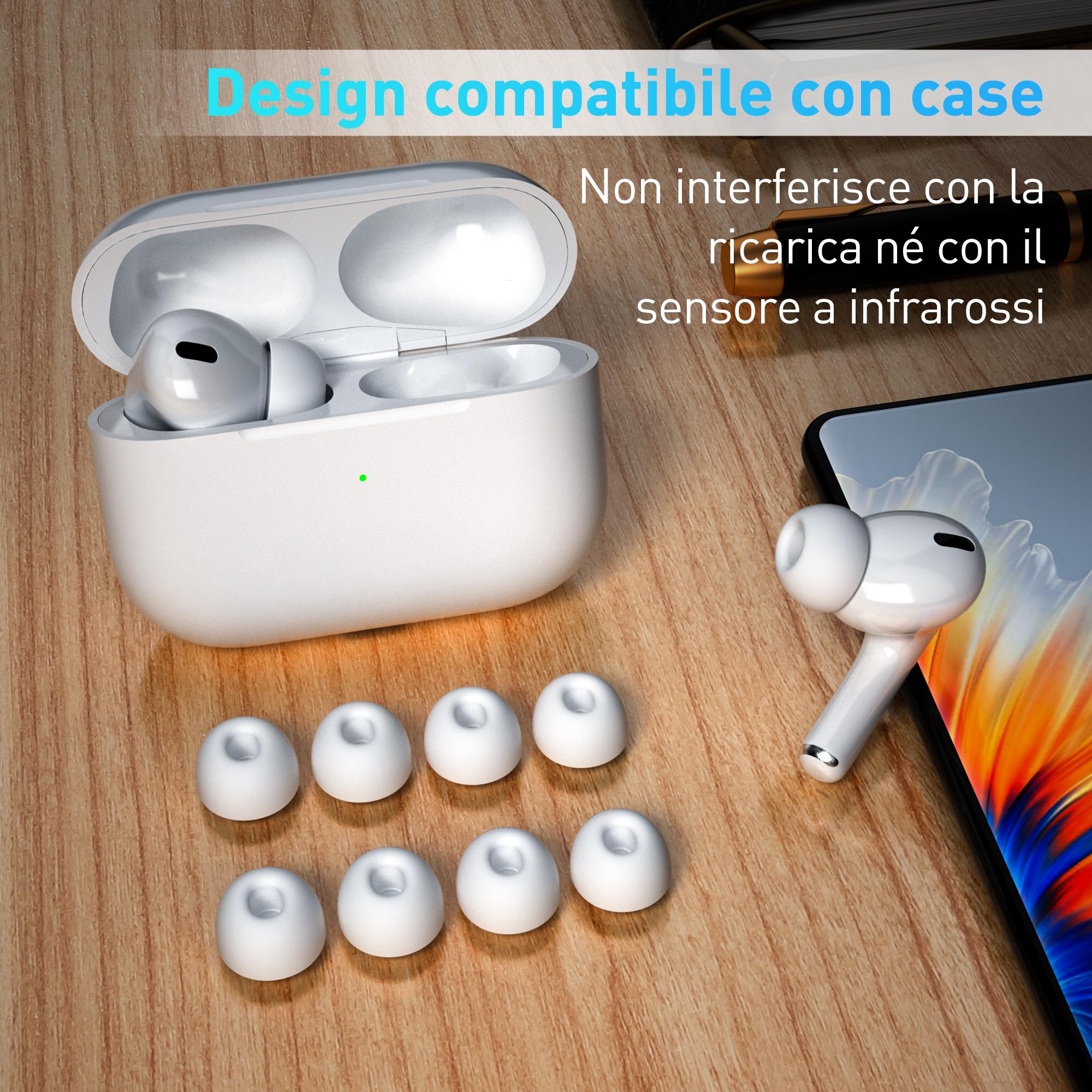 YISH Gommini per AirPods Pro/AirPods Pro 2 4 Paia Cuffie Auricolari con Custodia Penna Pulizia Foro Riduzione Rumore Ricambio (XS/S/M/L)