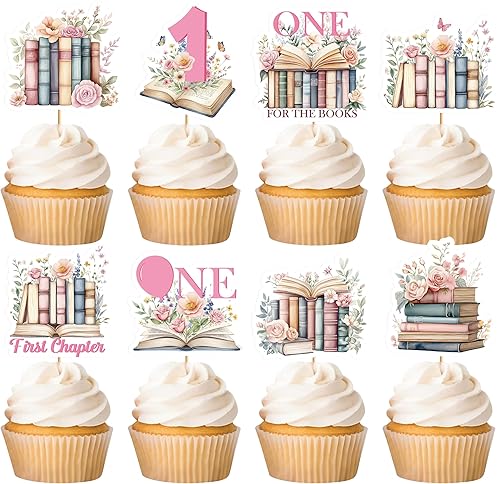 40 Pcs One for the Books Birthday Theme Cupcake Toppers,