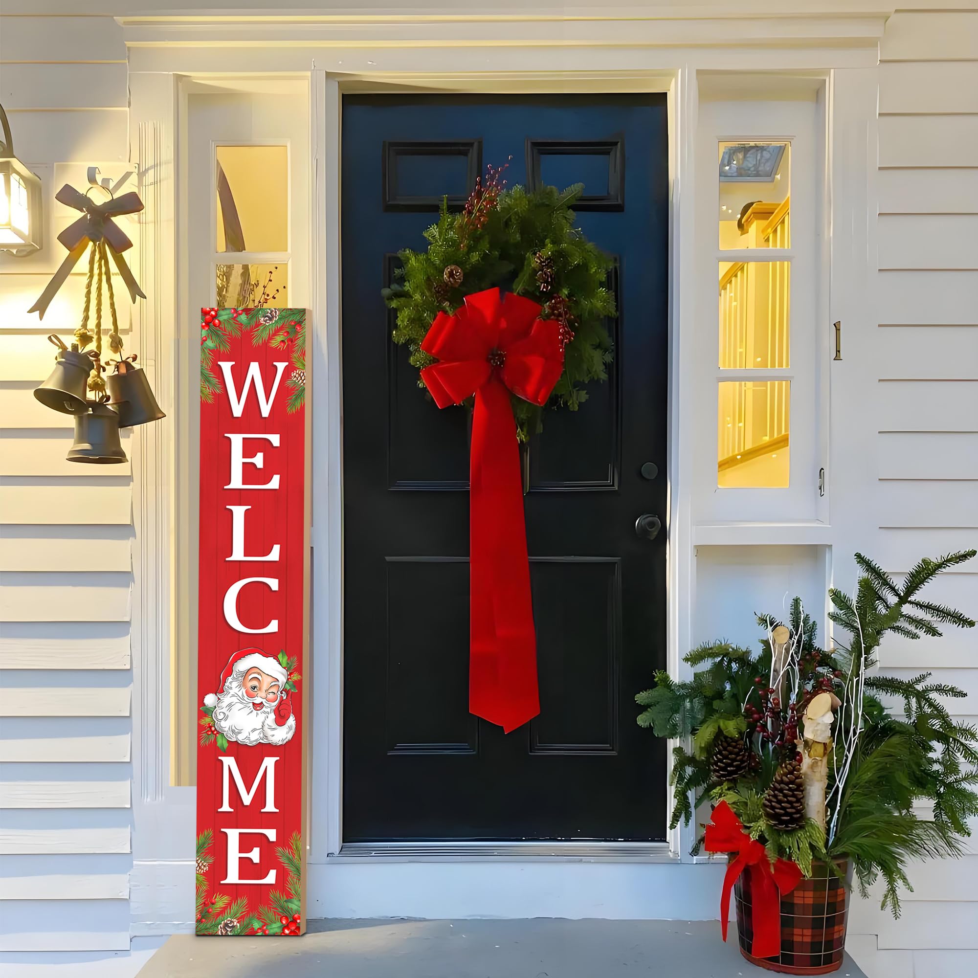 Letrero de madera de Navidad para porche, 47 pulgadas, diseño de Papá Noel, letrero grande de bienvenida para el hogar, puerta delantera, patio, decoración de fiesta (rojo)