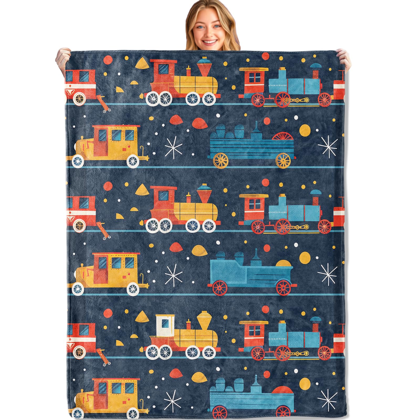 Coperta Plaid Vintage Treno - 102x127 cm, Ultra Morbida, Leggera e Confortevole in Flanella, Stampa Ferrovia Blu Scuro Retrò - Idee Regalo per Bambini Ragazzi, per Divano, Viaggi, Decorazione