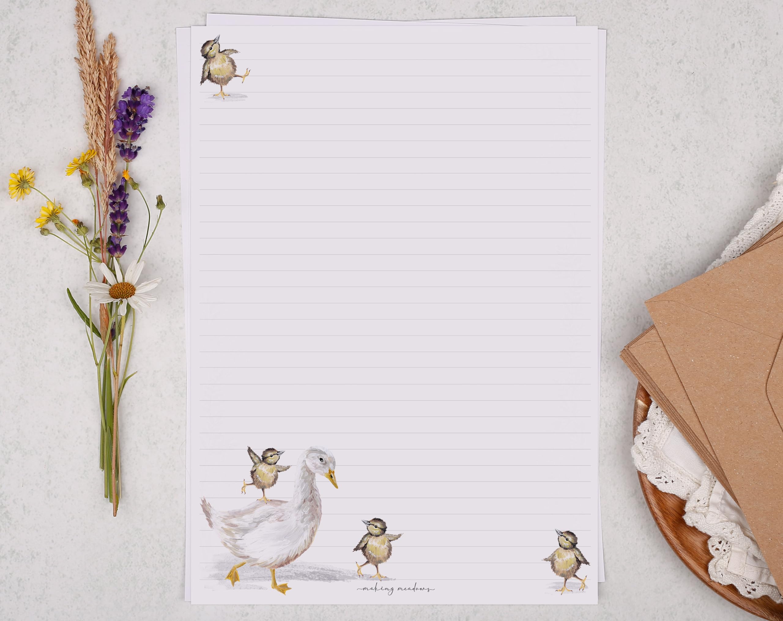 Making Meadows A4 Pretty Writing Paper Set Easter Chick Design (20 Sheets & 10 Envelopes), Perfect for Letter Writing, Lined Writing Paper and Envelopes