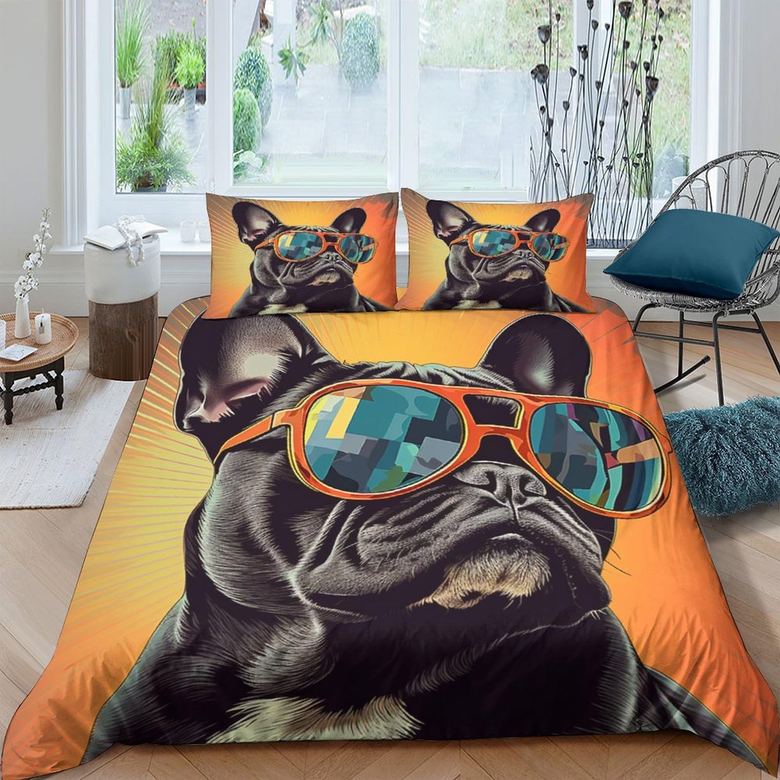 EUZZDHESP French Bulldog Duvet Cover Sets 3 PCS Hotel Quality Quilt Cover Bedding Sets Bed Covers with Pillowcases with Zipper Closure Breathable Stylish Comforter Double（200x200cm）
