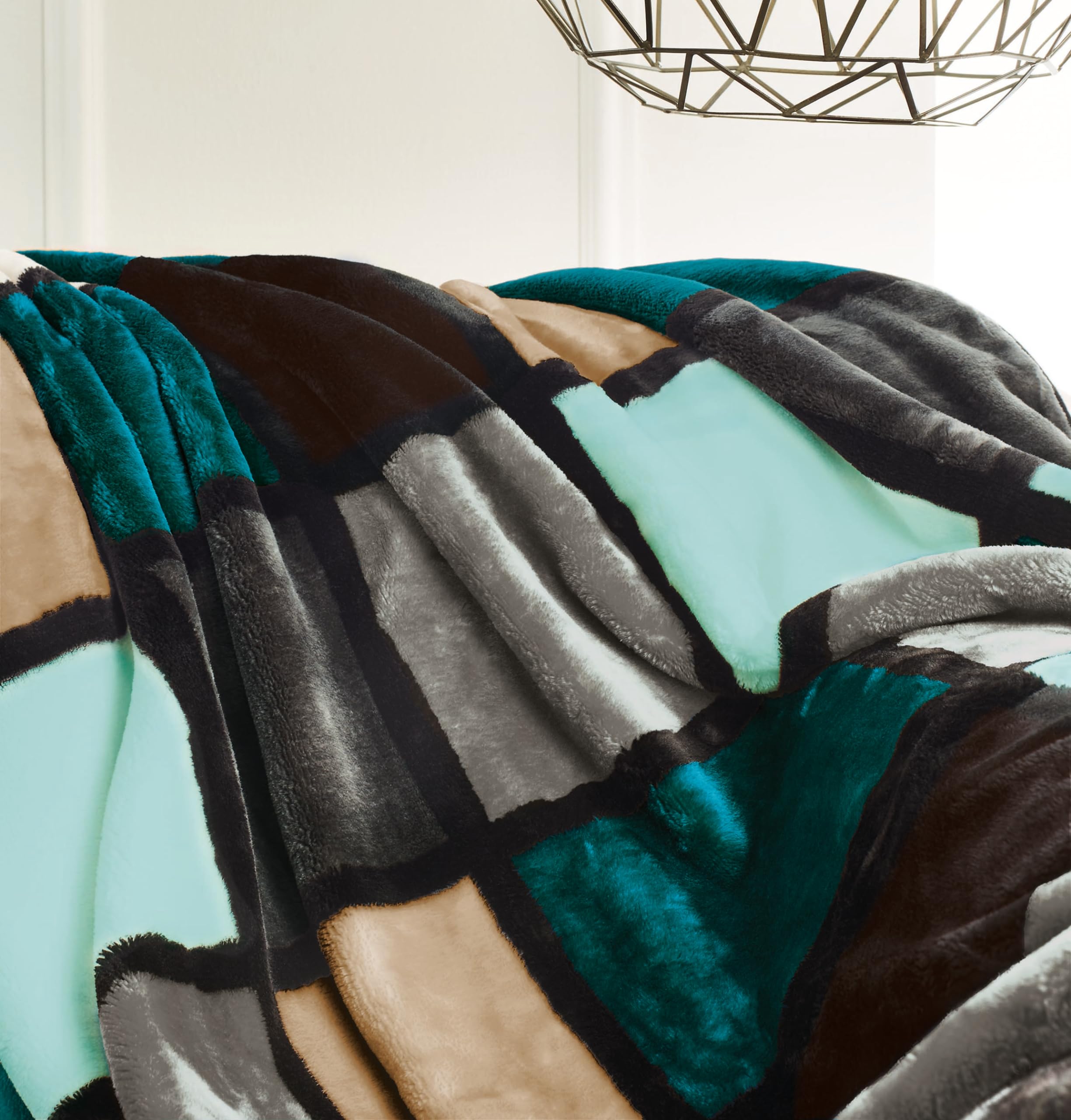 Gözze - Manta suave de, tacto cachemira, tejido de alto gramaje 500 g/m², 150 x 200 cm - Azul/Marrón topo/Turquesa