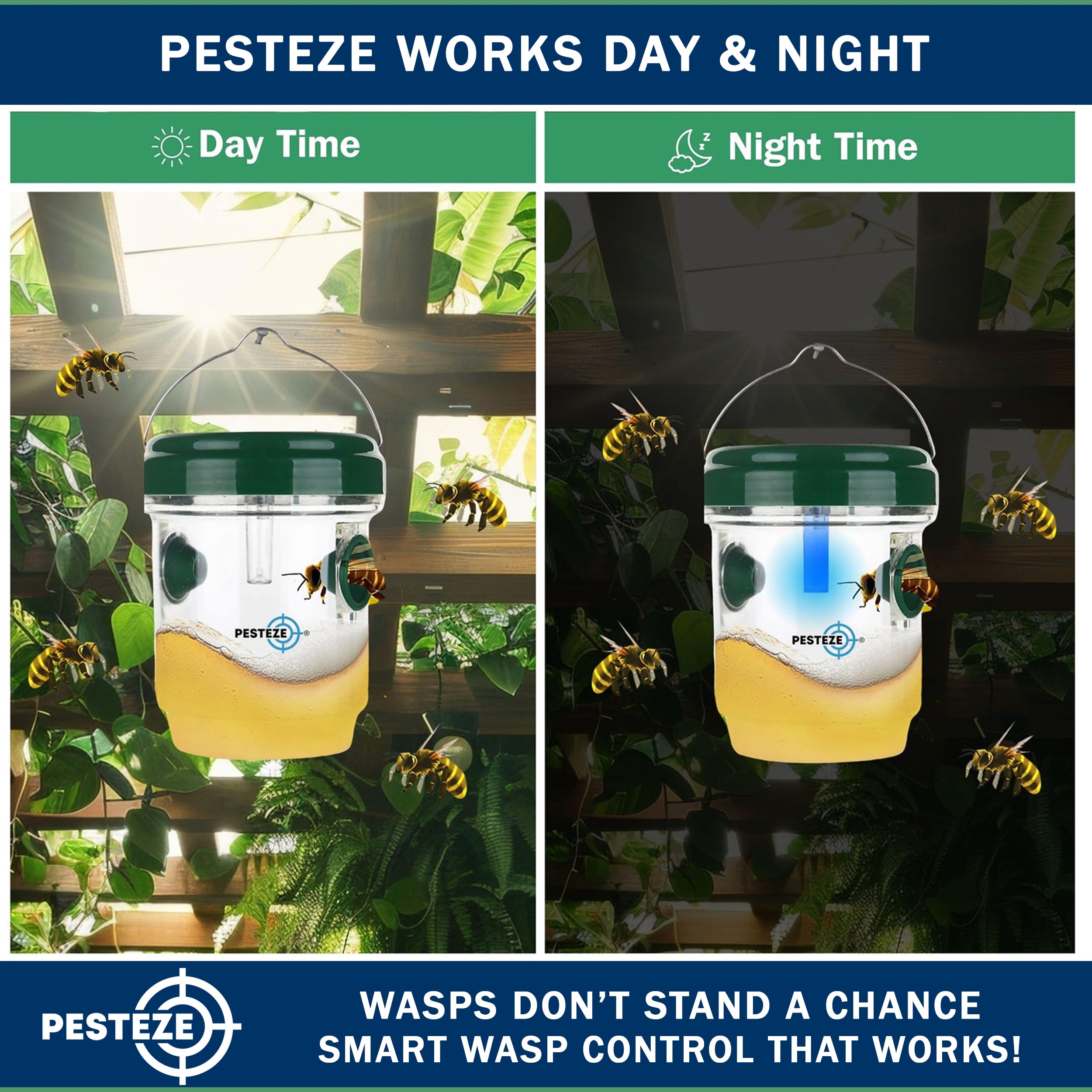 PESTEZE - Confezione da 2 trappole riutilizzabili per vespe a energia solare, con luce LED, 8,9 x 11,1 cm, attirano, catturano vespe, calabroni, giacca gialla e specie di insetti 24/7. Impermeabile e
