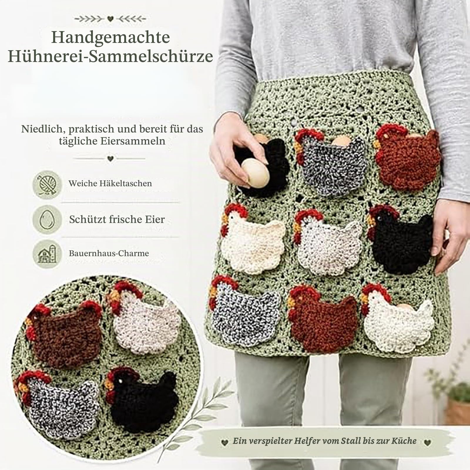 Handgehäkelte Schürze zum Eiersammeln mit individuellen Taschen – Sammelschürze für frische Hofeier, mit Hühnertaschen für Hühnerstall und Geflügelgehege