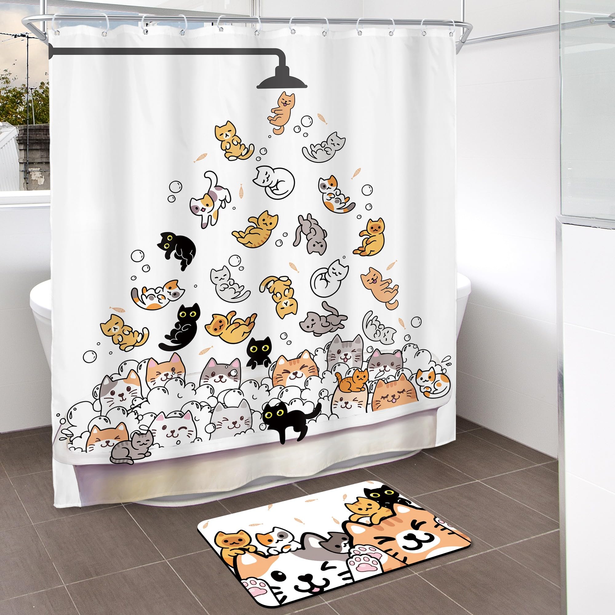 SVBright 2 PCS Shower Curtain Sets with Rug Cute Cat Kids Bathroom Set Nonslip Bathmat Quick Dry Funny Rubber Backed,Dirt Resistant,Bath Rug Mats