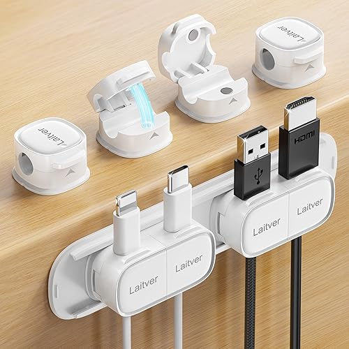 Miniatura 1 de Paquete de 6 soportes organizadores de cables con hebilla magnética 1s abiertobloqueo, clips para cables de escritorio adhesivos fuertes,