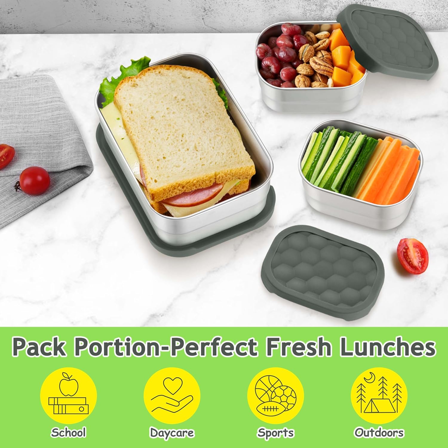 Homikit 3 Pack Kids Lunch Box Set, 18/10 Stainless Steel Bento Boxes with Silicone Lids Leak Proof, 5 Cups Reusable Metal Food Snack Containers for School Daycare, Nontoxic & Dishwasher Safe, Gray - Image 9