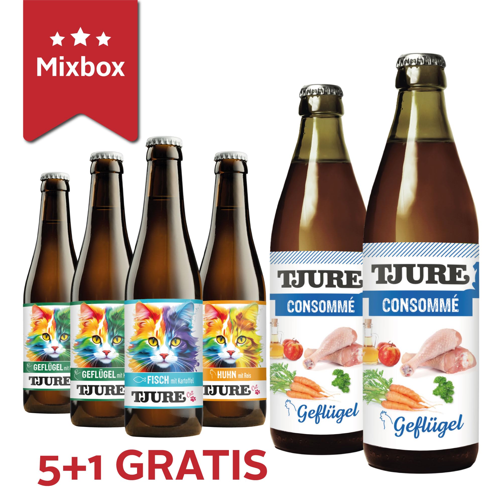 TJURE Katzensmoothie 4 + 2 Kraftbrühe Set | Ergänzungsfuttermittel für Katzen | 4 x 220 ml + 2 x 320 ml | Ideal als Futter Topping & Leckerli | 100 % natürliche Zutaten | Made in Germany