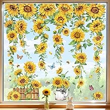 decalmile Sunflower Spring Summer Flower Window Stickers for Windows Flowers and Butterfly Green Plants Non-Adhesive Anti-Collision Stickers Window Glass Doors Kitchen