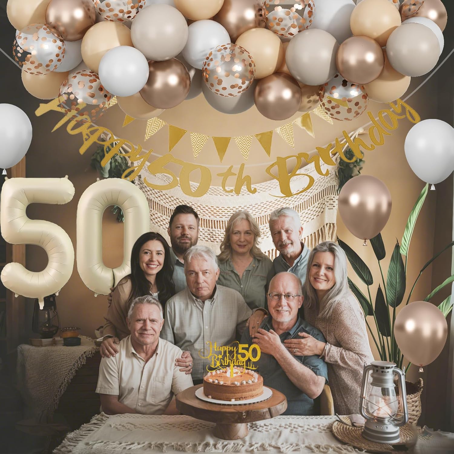 50th Birthday Decorations, Sand White Gold Party Decoration with 50 Year Old Foil Balloon Set, Beige Gold Happy Number 50 Birthday Banner with Cake Decoration for Women Men Boho Party Supplies - Image 8