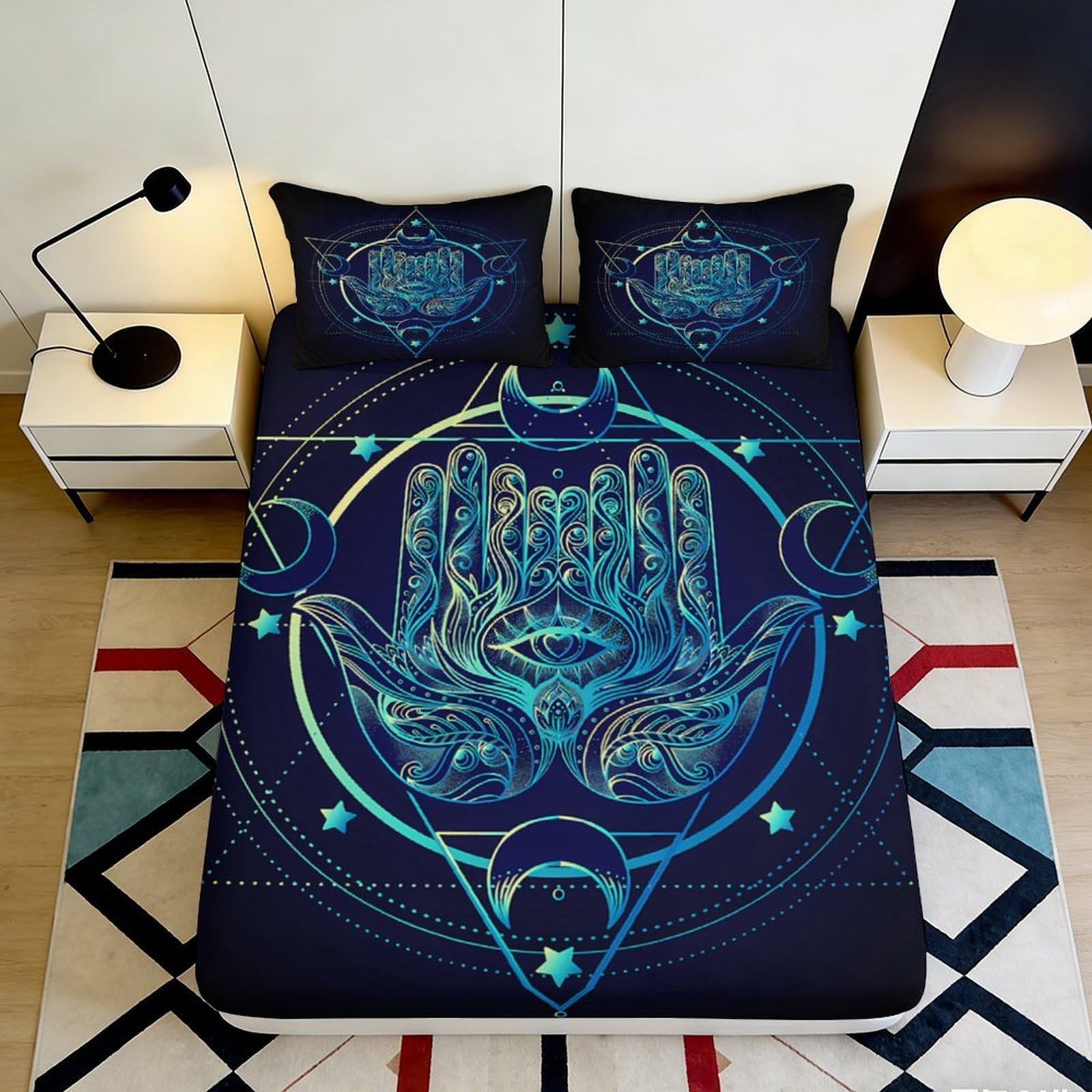 Pnayamiorkfel Style-9 3D Printed Hamsa Hand Fitted Sheet Microfiber Navy Blue Mandala Mattress Cover For Bedroom Guest Room Decor 90X200x25cm