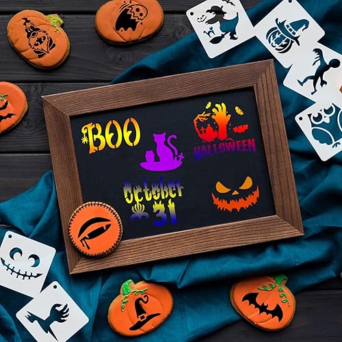 Vista 7 de Augshy Plantillas de Halloween, paquete de 56 plantillas de pintura de calabaza, plantillas de plástico para pintar sobre adornos de madera
