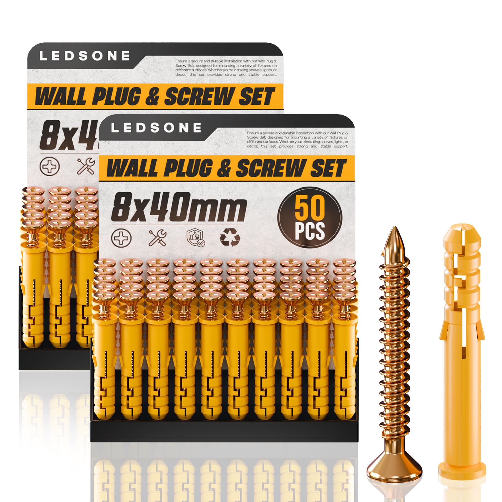 50pcs X 2Pack Screws And Wall Plugs Set, 8 x 40mm Anchor Bolts,Heavy Duty Raw plug Mixed Sizes (M5/6/8/10),Fasteners For Brick,Masonry,Plasterboard Fixings,Tv Bracket,Plaster
