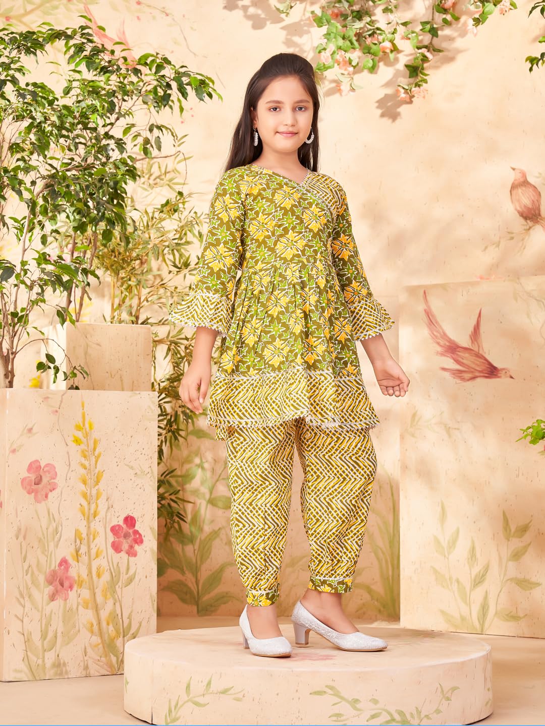 Aarika Girls Ethnic Wear Mehendi Green Colour Floral Print With Gota Lace Cotton Kurti Patiala Set-(5-16 Years)