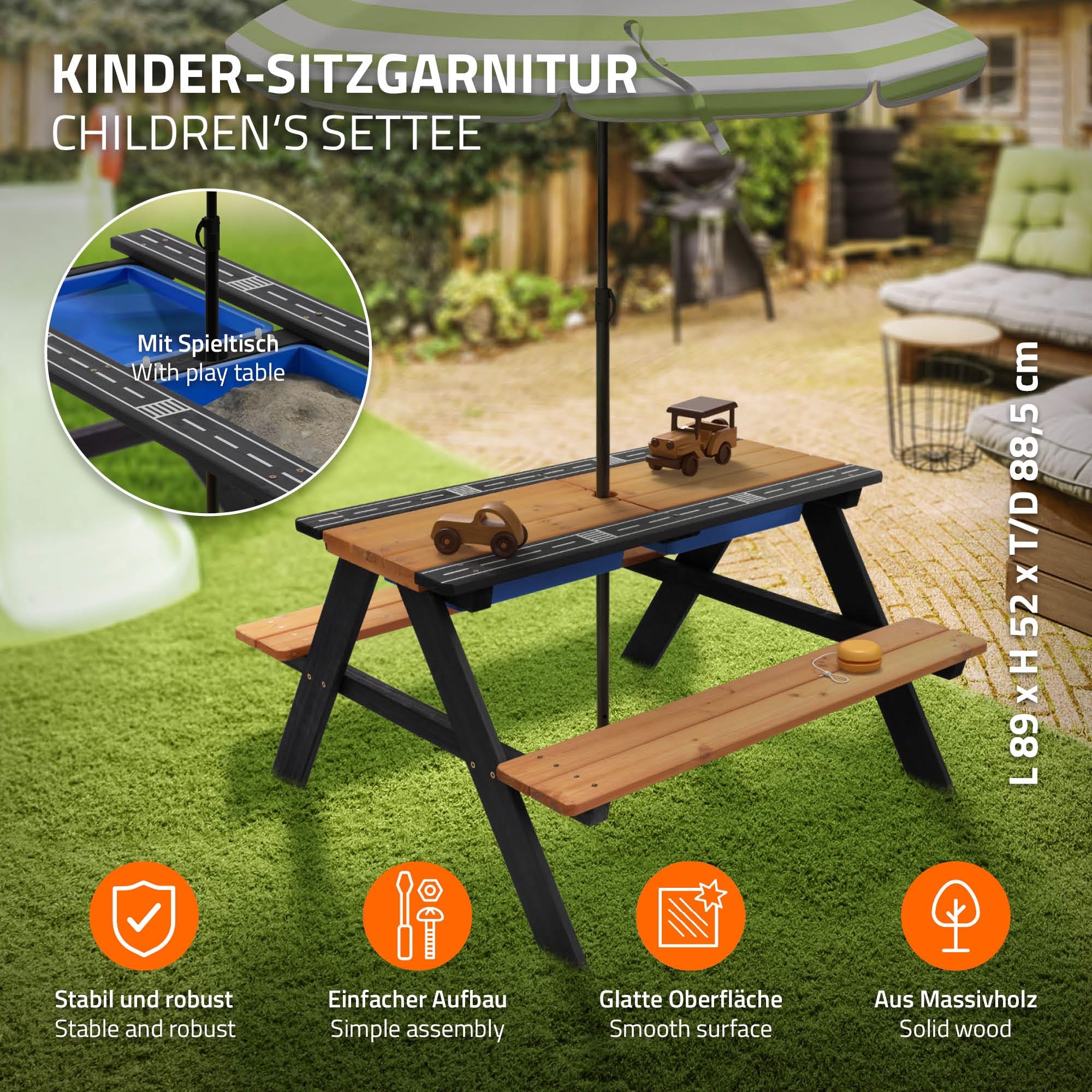 ML-Design - Seggiolini 2 in 1 con tavolo sabbia-acqua, legno massiccio, 2 vasche giardino, esterno, tavolo picnic