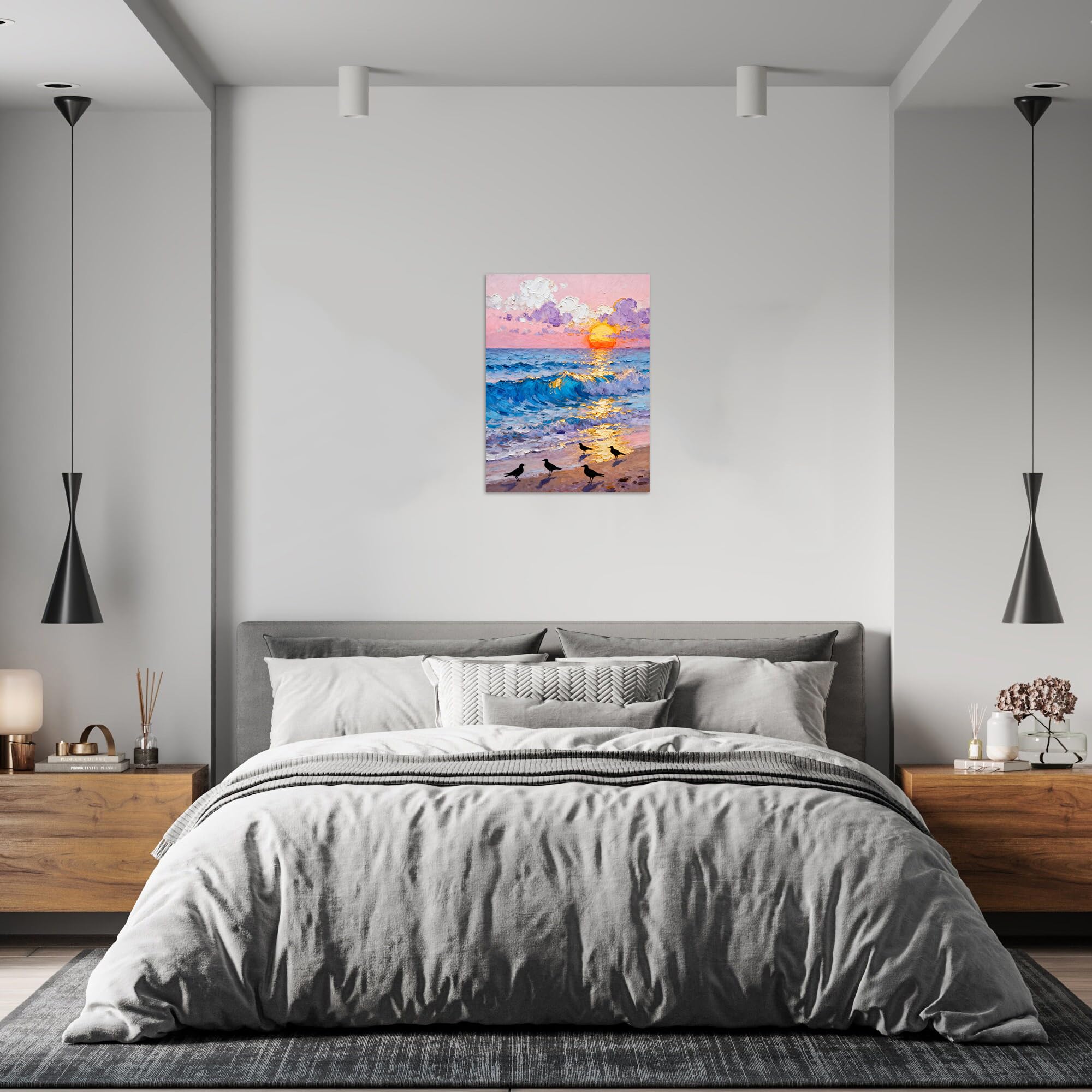 OZPWBVY Modern Leinwandbild-Blau Meer Sonnenuntergang Birds-Landschaftsbilder für Wohnzimmer Büro 90x117cm Ungerahmt