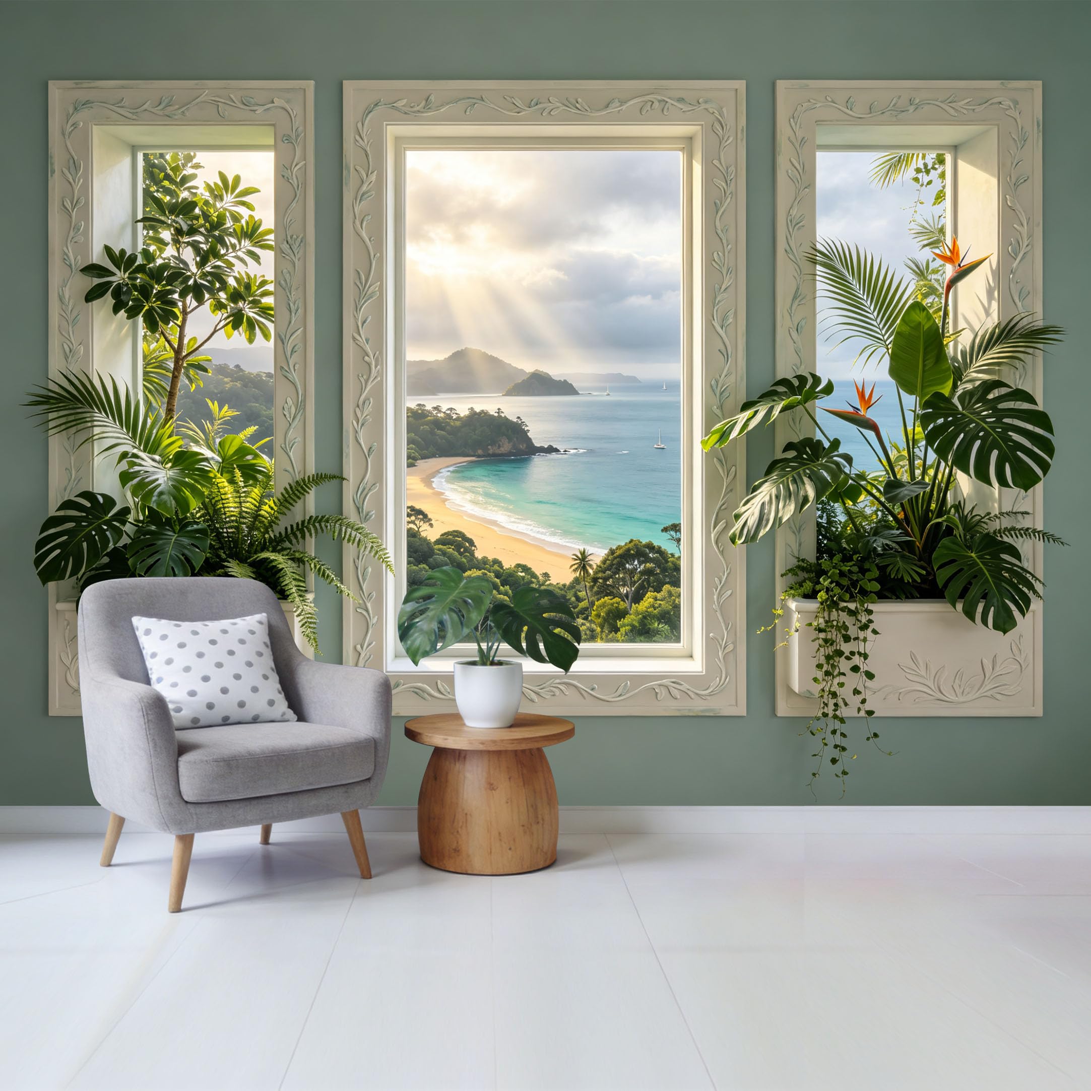 Custom Size Wall Mural Coastal Tropical Ocean View with Beach Horizon and Lush Green Plants Removable Self Adhesive Fabric Home Wall Decor for Living Room Bedroom Bathroom