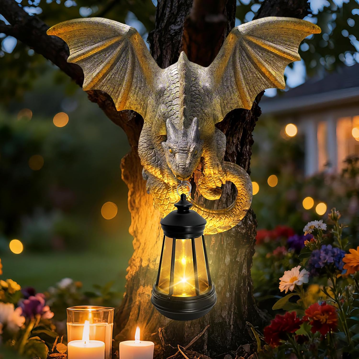 Dragon Tree Hugger Garden Statue - 9.8 Inch Resin Dragon Wall Hanger Sculptures Decor with Solar Lantern Lights, Outdoor Waterproof for Balcony Wall Porch Yard, Gifts for Mom Women Grandma Birthday - Image 9