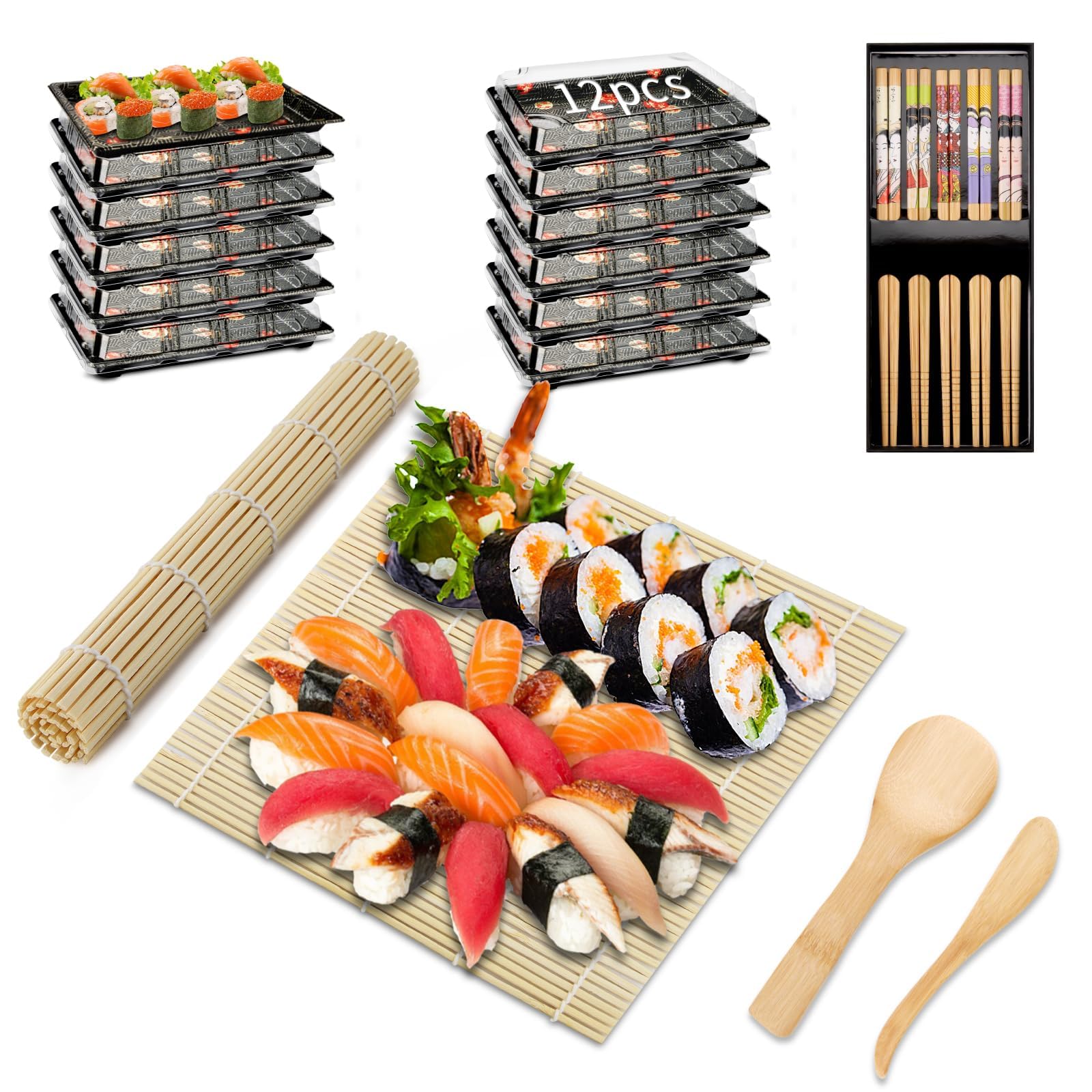 Mbsomnus 20Pcs Sushi Making Kit-12Pcs Party Trays with Lids Reusable Sandwich Platter Trays with Lids 1 Sushi Mat 5 Pairs Chopsticks 1 Rice Spreader and Paddle Catering Trays for Party Buffets Sushi
