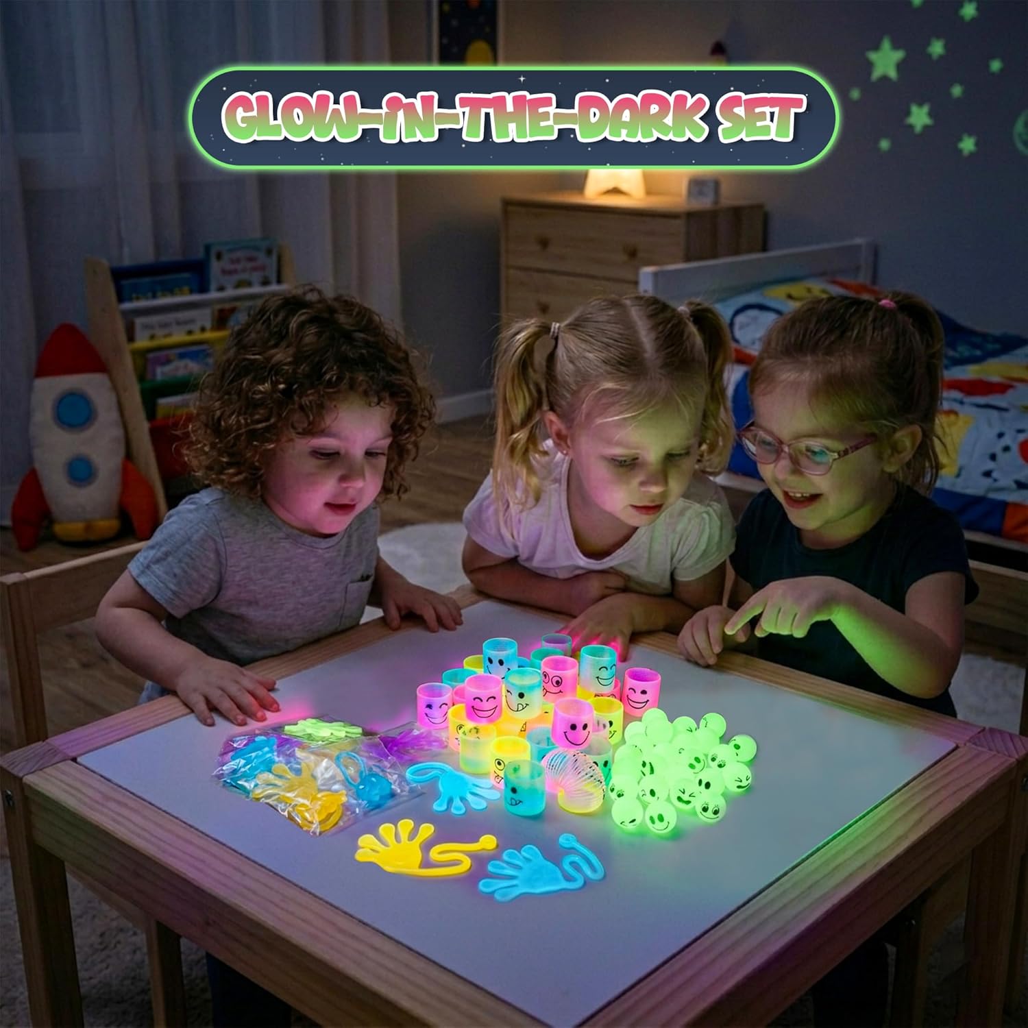 4E's Novelty 108 Pcs Glow in The Dark Toys - 36 Bouncy Balls, 36 Coil Spring, 36 Sticky Hands, Bulk Party Favor or Kids Goodie Bags Birthday Party Supplies, Easter Egg Filler & Basket STuffers