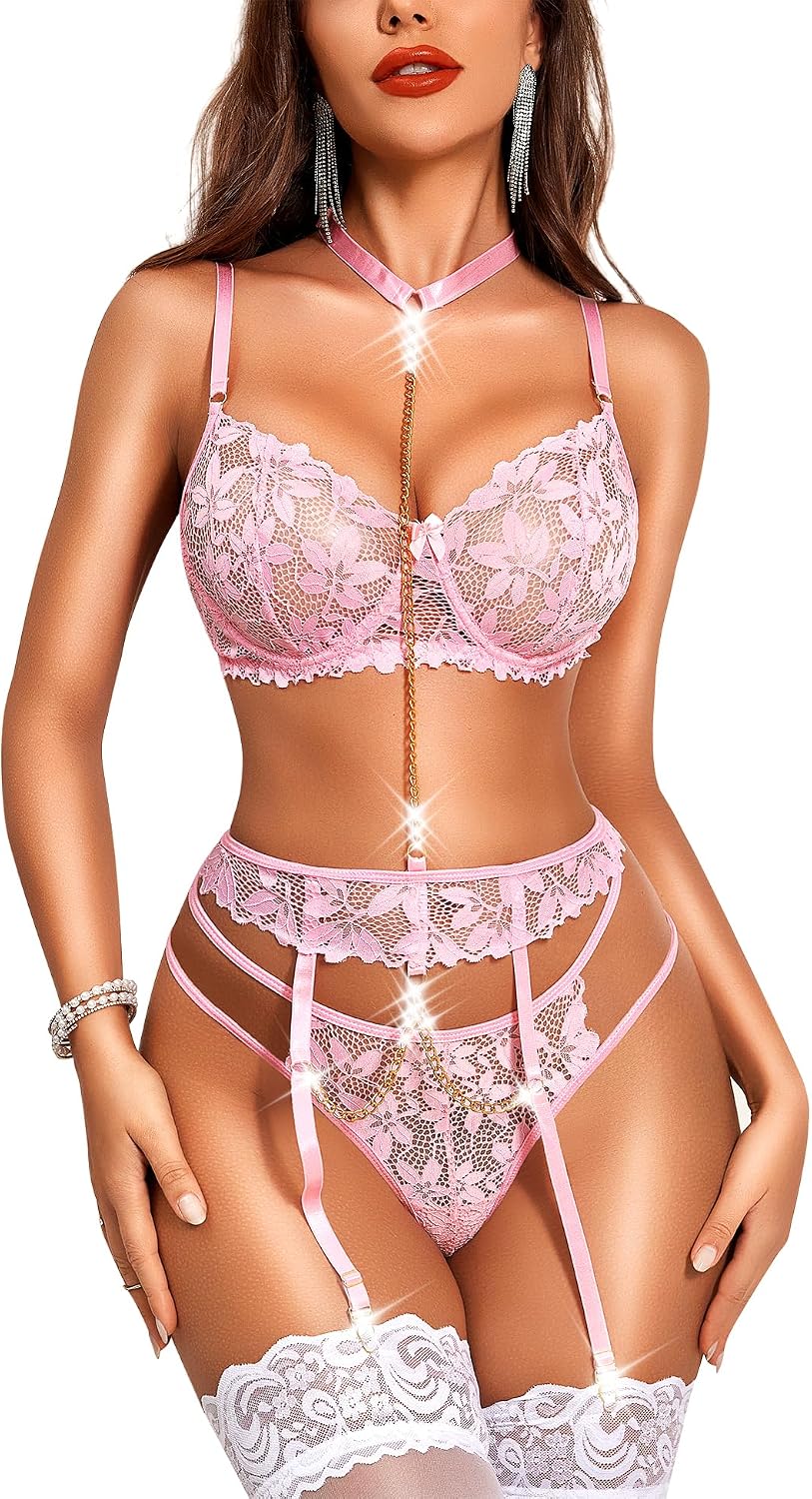 RSLOVE Women's Lingerie Sets with Garter Belt 3 Piece Sexy Lace High Waist Bra and Panty Set Push Up Exotic Sleepwear