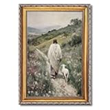 Balsuka Gold Frame Good Shepherd Jesus Wall Art Vintage Christian Canvas Print Poster Lamb Painting Religious Bible Verse Picture Jesus Leaving The 99 Faith Artwork Cottagecore Church Decor 12x16inch