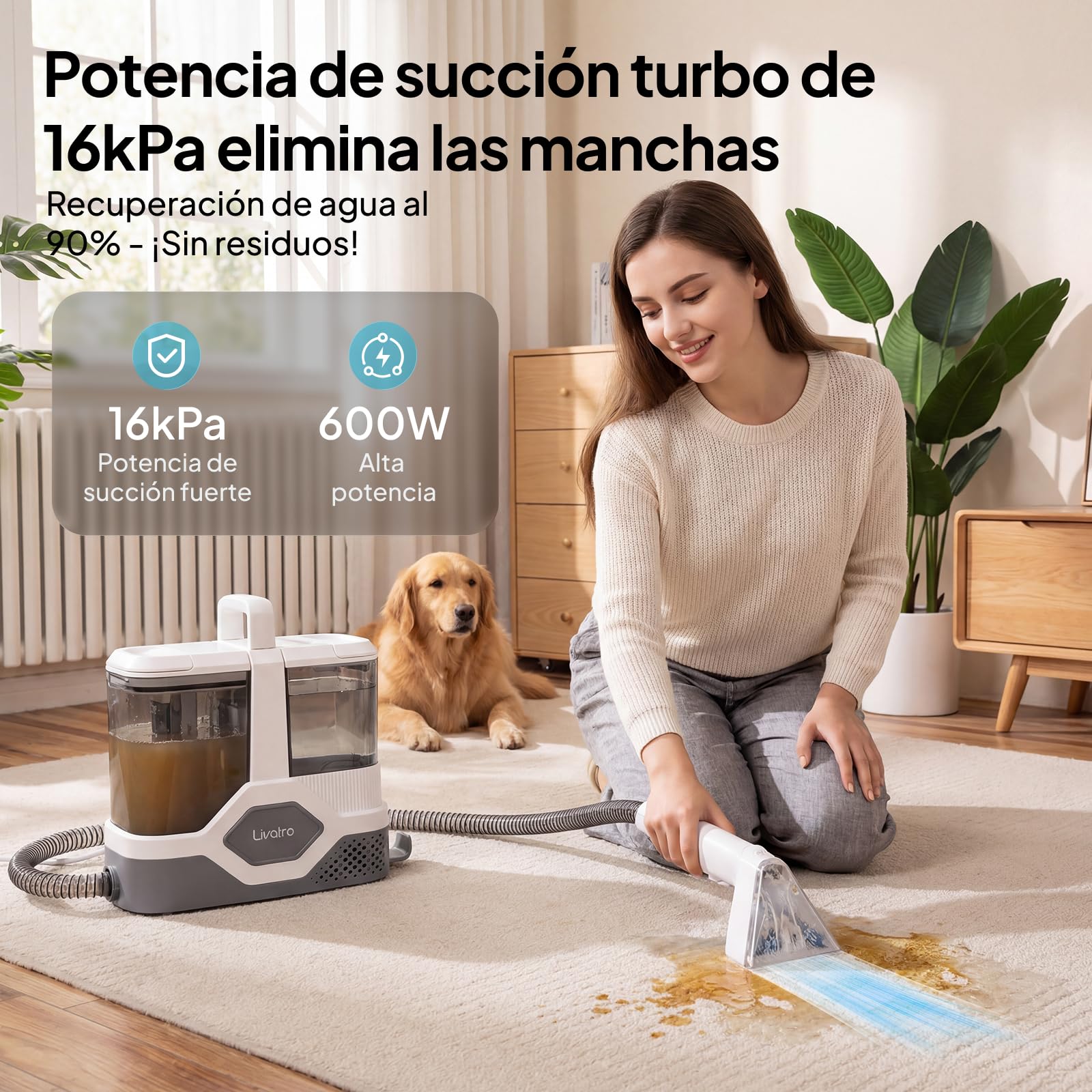 Livatro Aspiradora de Agua Tapicería, 600W 16kPa Limpiador de Tapicerías, 2,3L Depósito, Limpieza de Sofás con Función de Autolimpieza, Lava Aspiradora para Alfombras, Moquetas, Tapicería y Coche
