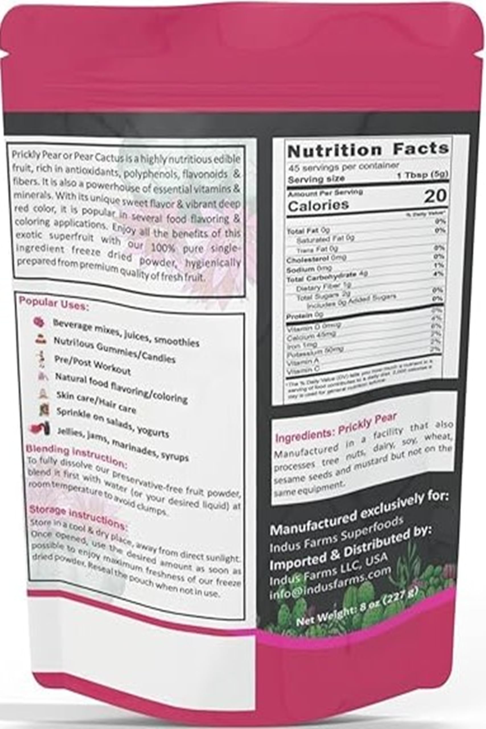 Indus Farms Superfoods Prickly Pear Freeze Dried Powder | Nutritional Supplement | Exotic Beverages & Drink Mixes | Baking | Skin Care | Food Coloring | GMO-Free, Additive-Free (8 oz (Pack of 1))