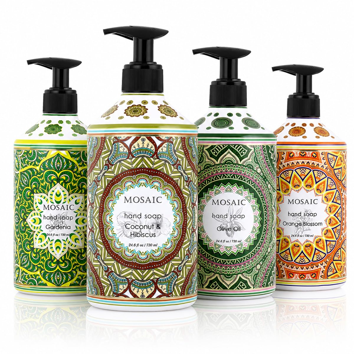 Mosaic - Juego de jabón líquido para manos y jabón de manos, ideal para baño y cocina, aceite de oliva + coco e hibisco + Gardenia + flor de naranja, 4 x 727 ml cada botella de jabón líquido