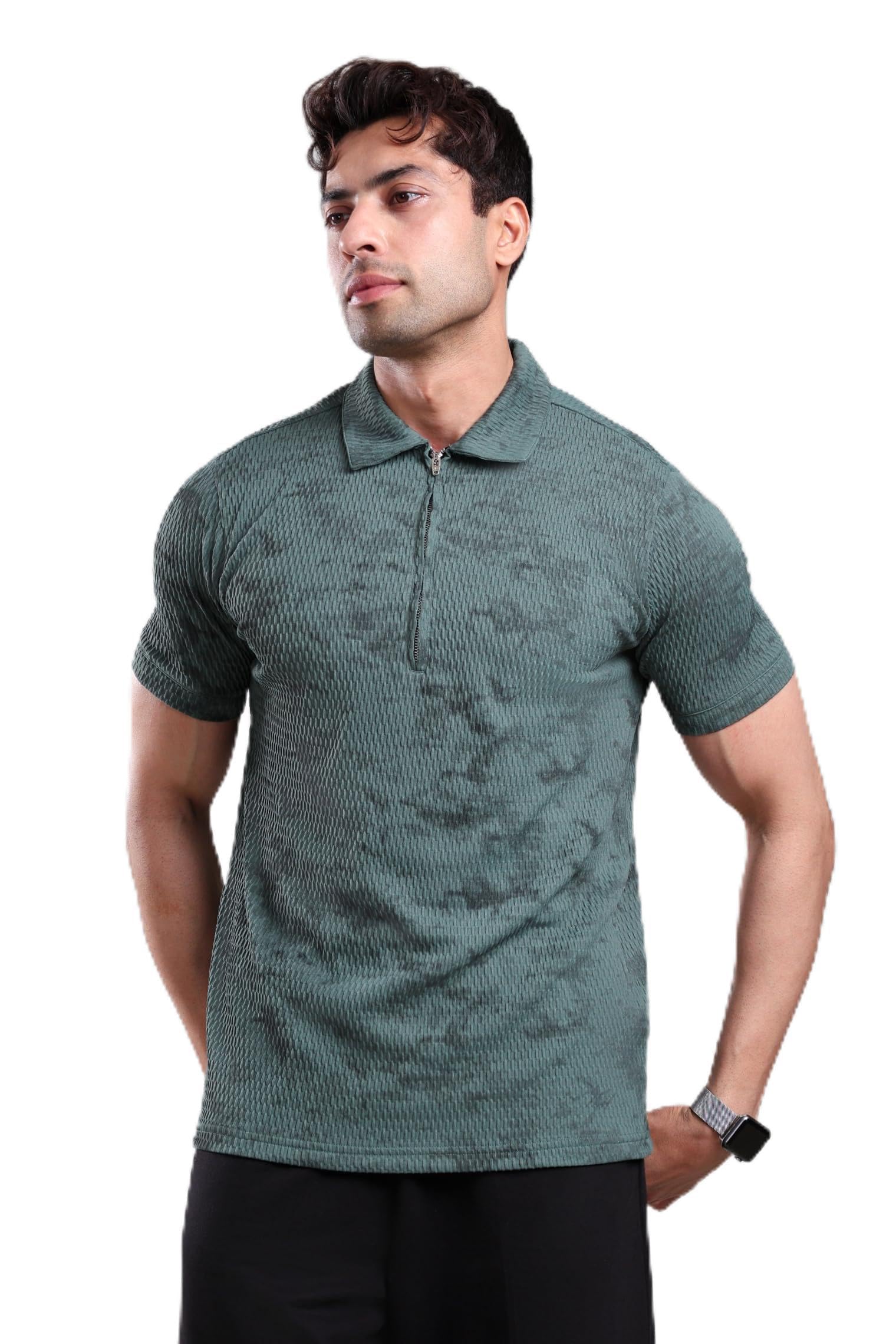 GROW Stylish Gym T Shirts for Men Workout | Cotton Pique Blend Quarter Zip Texture Collar T Shirts for Men Half Sleeves-picture-35