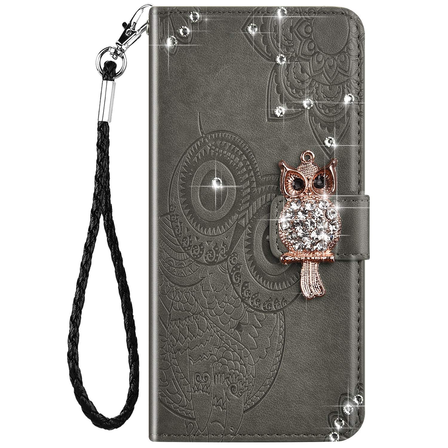 IKASEFU Compatible with Samsung Galaxy A32 Case Bling Glitter Owl Rhinestone Diamond Emboss Pu Leather Wallet Strap Case with Card Holder Magnetic Protective Flip Book Cover Case Gray