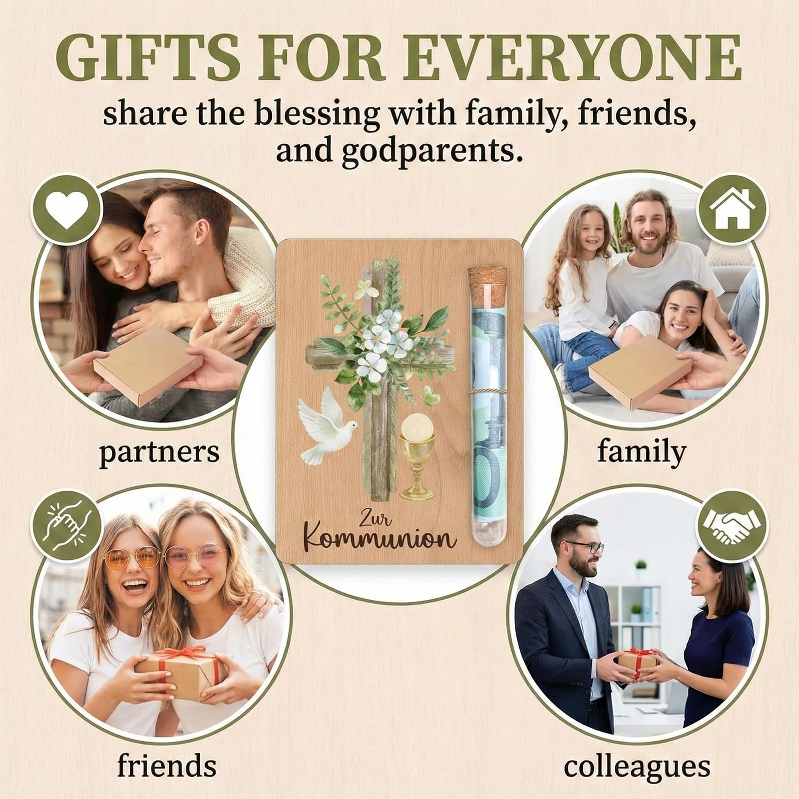 Carte en Bois Cadeau d’Argent pour Communion avec Motif Croix et Colombe, Incl. Tube à Essai en Verre et Boîte Cadeau, pour Fille et Garçon–Confirmation, Décoration et Cadeau pour Filleuls