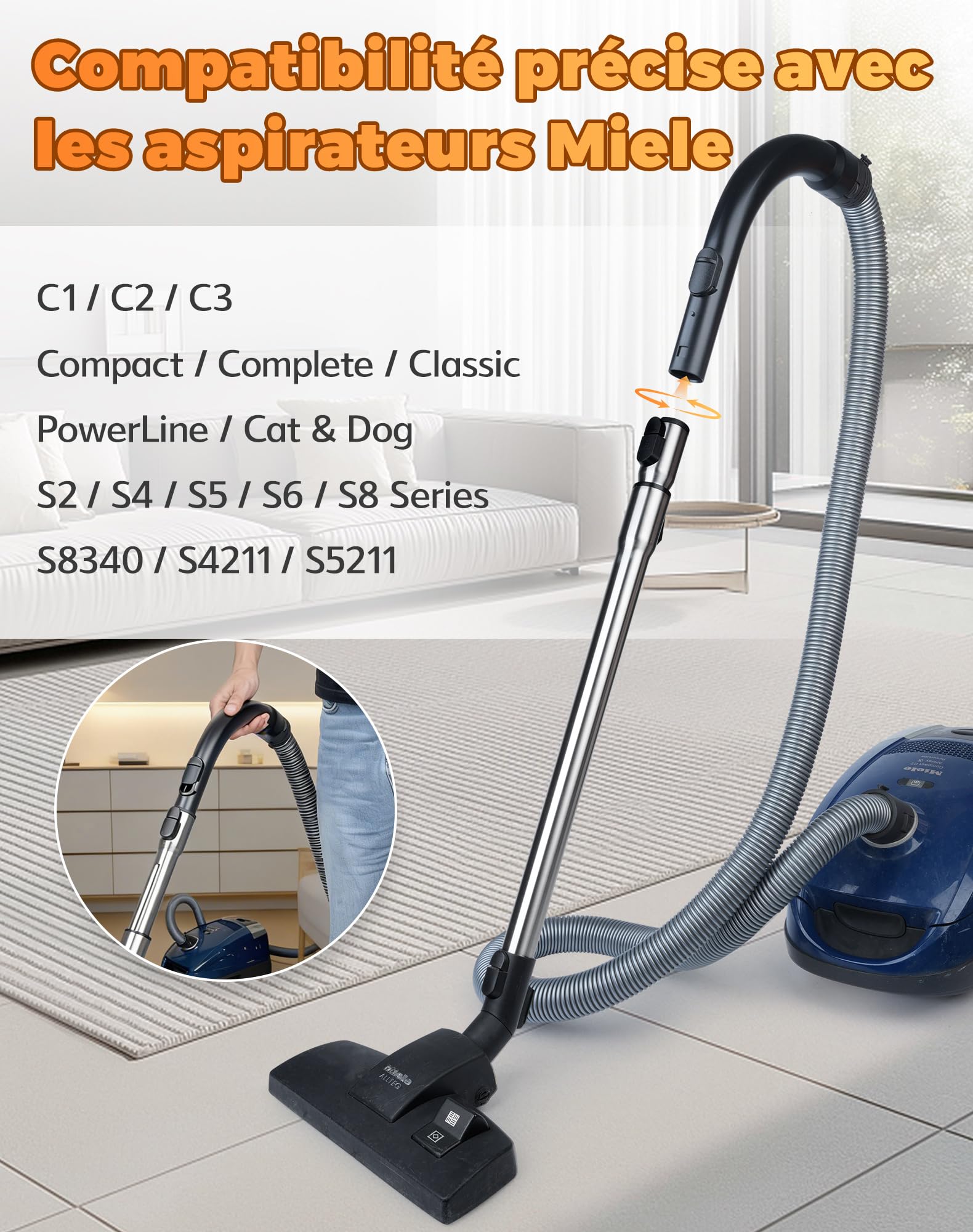 Tube télescopique avec système d’encliquetage et manche pour Miele aspirateur, pièces détachée compatible avec Miele Complete Complete C3, C2, C1, S2, S4, S5, S6, tube télescopique 62–104 cm