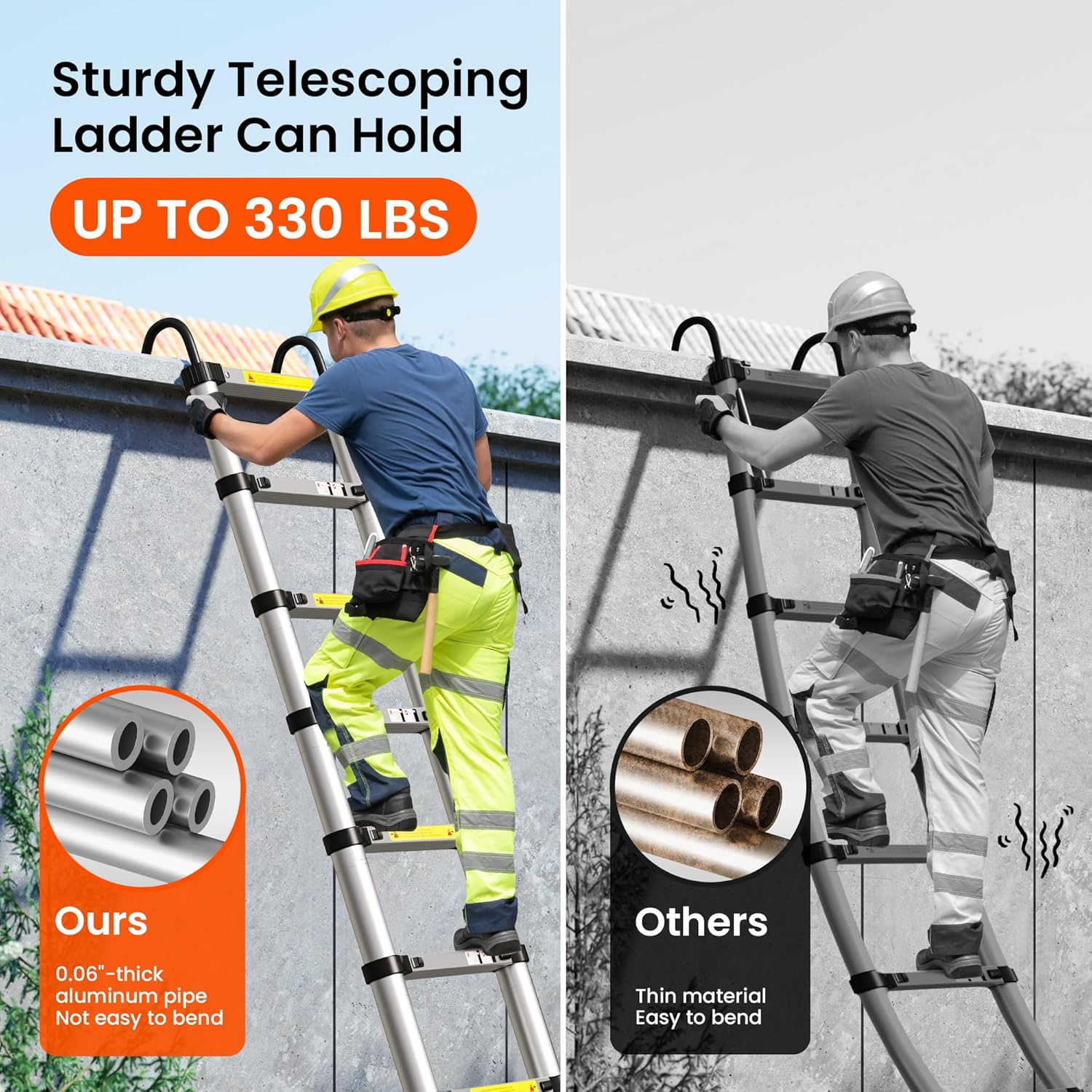 Telescoping Ladder 16.5 FT Aluminum Extension Ladder, Collapsible Ladders On The Go Rv Telescopic Ladder with 2 Hooks Folding Telescope Extendable Portable Ladders for Home Roof, 330lbs Max Capacity