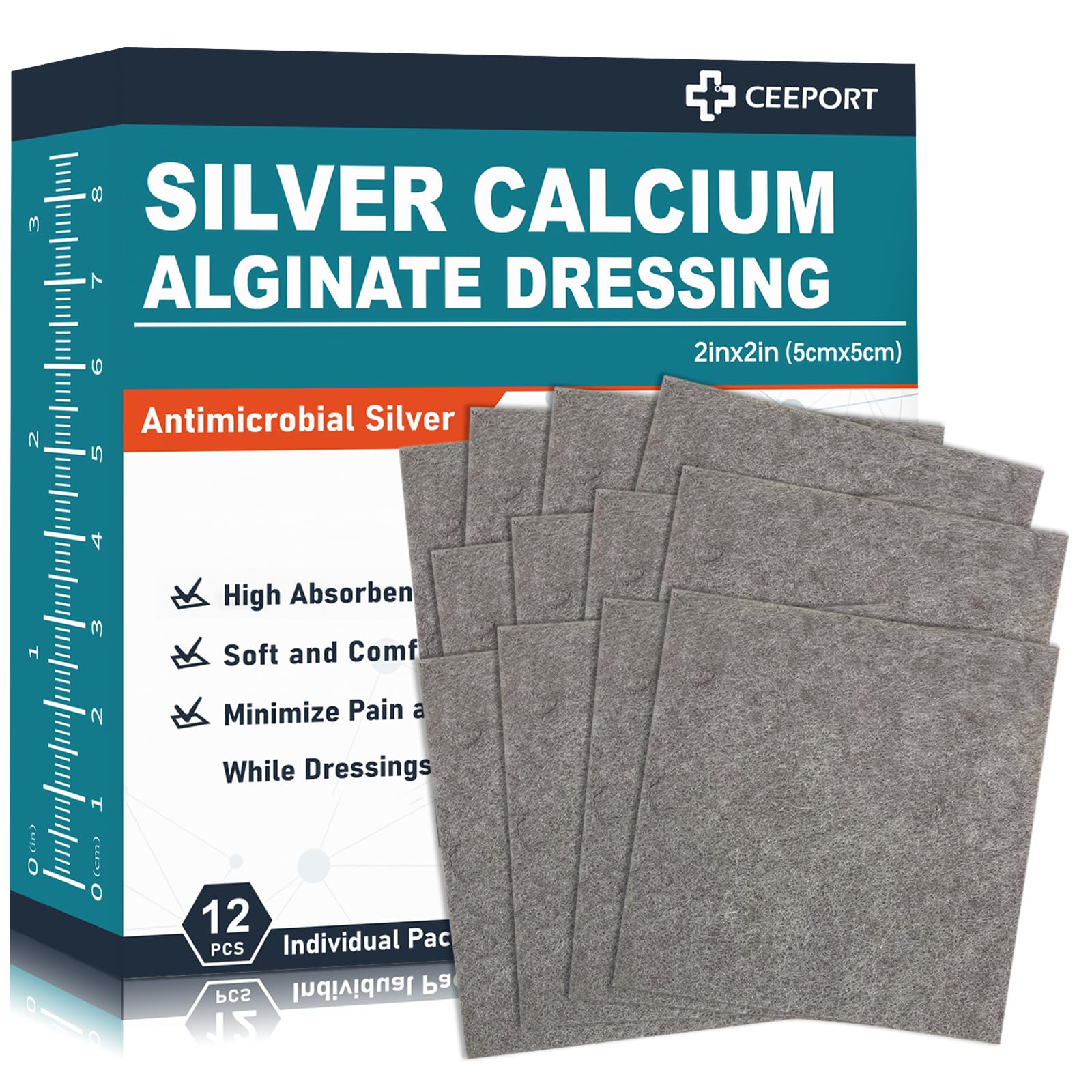2 "x 2" Ag Silver Calcium Alginate Wound Dressing Pads, 12 Individual Pack Highly Absorbent Painless Removal Dressing, Soft Silver Dressings for Wound Care, Non-Stick Gauze Pads for Wounds