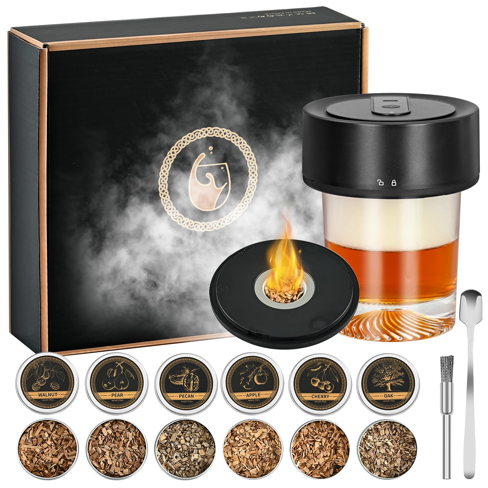 Drink Smoker Kit,Rechargeable USB-C with 6 Wood Chips, Built-in Battery & Adjustable Smoke for Whiskey, Home Bars, Mixologists, Restaurants (Black)